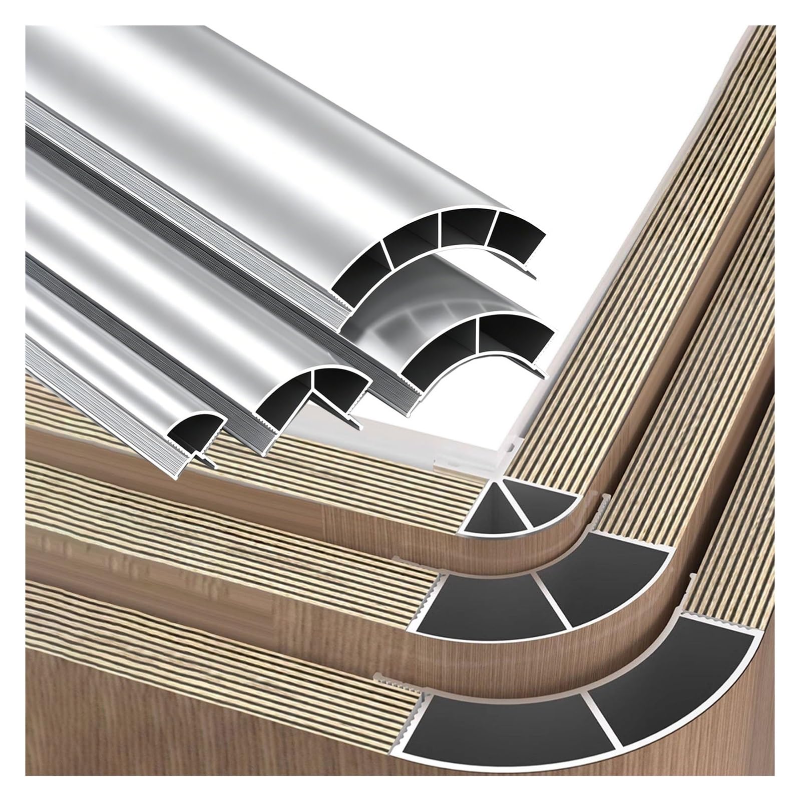 Niestandardowa aluminiowa listwa wypełniająca łuk, okrągłe wykończenie do paneli MDF i sklejki 18 mm, R18/R35/R50/R70/R80, długość 190 cm, idealna do montażu futra