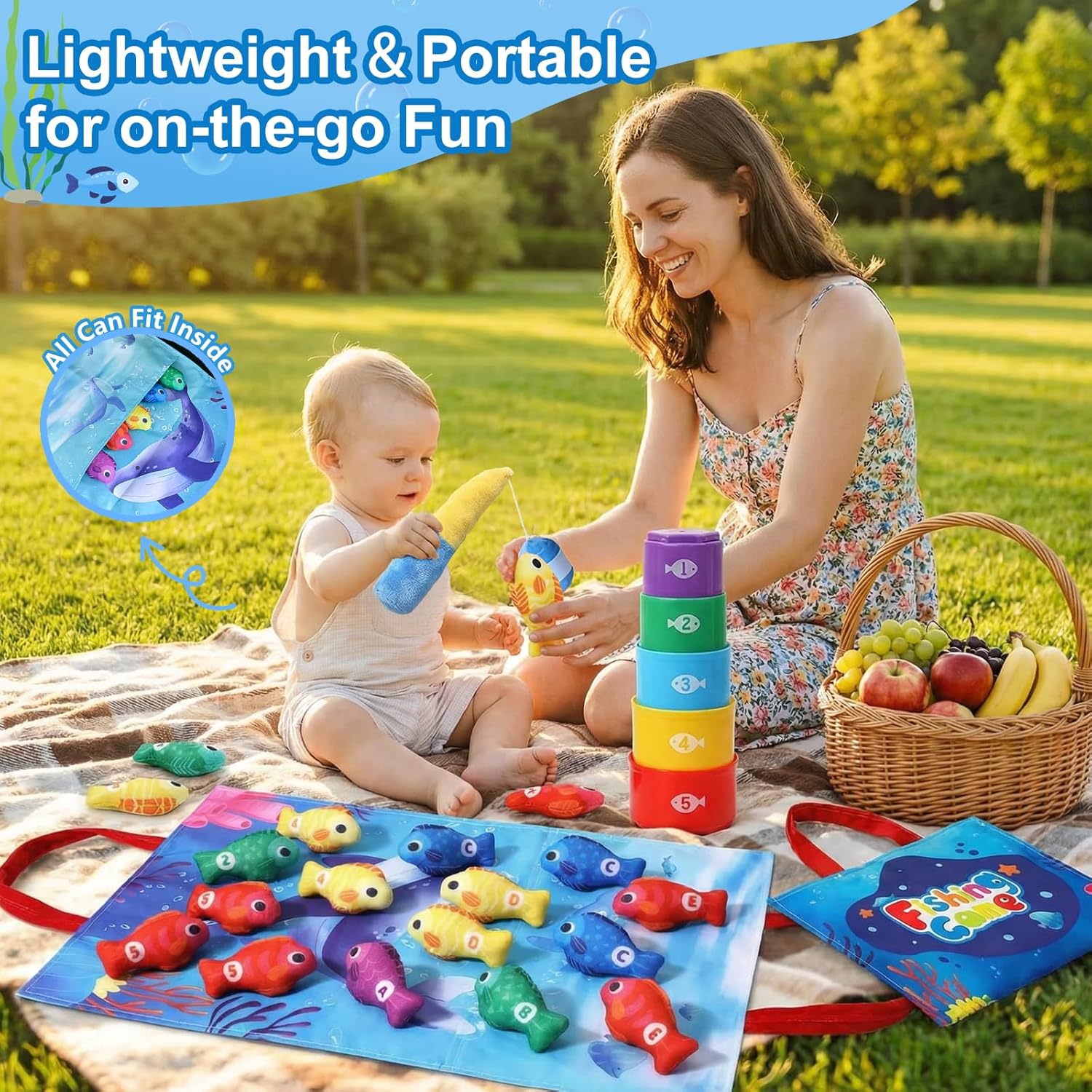 COUOMOXA Montessori Toys for 1 Year Old Baby: 22PCS Cloth Fishing Game with Stacking Cups - 6-12-18 Months Toddler Color Sorting Learning Toy Indoor Outdoor Play for Age 1 2 3 Boy Girl
