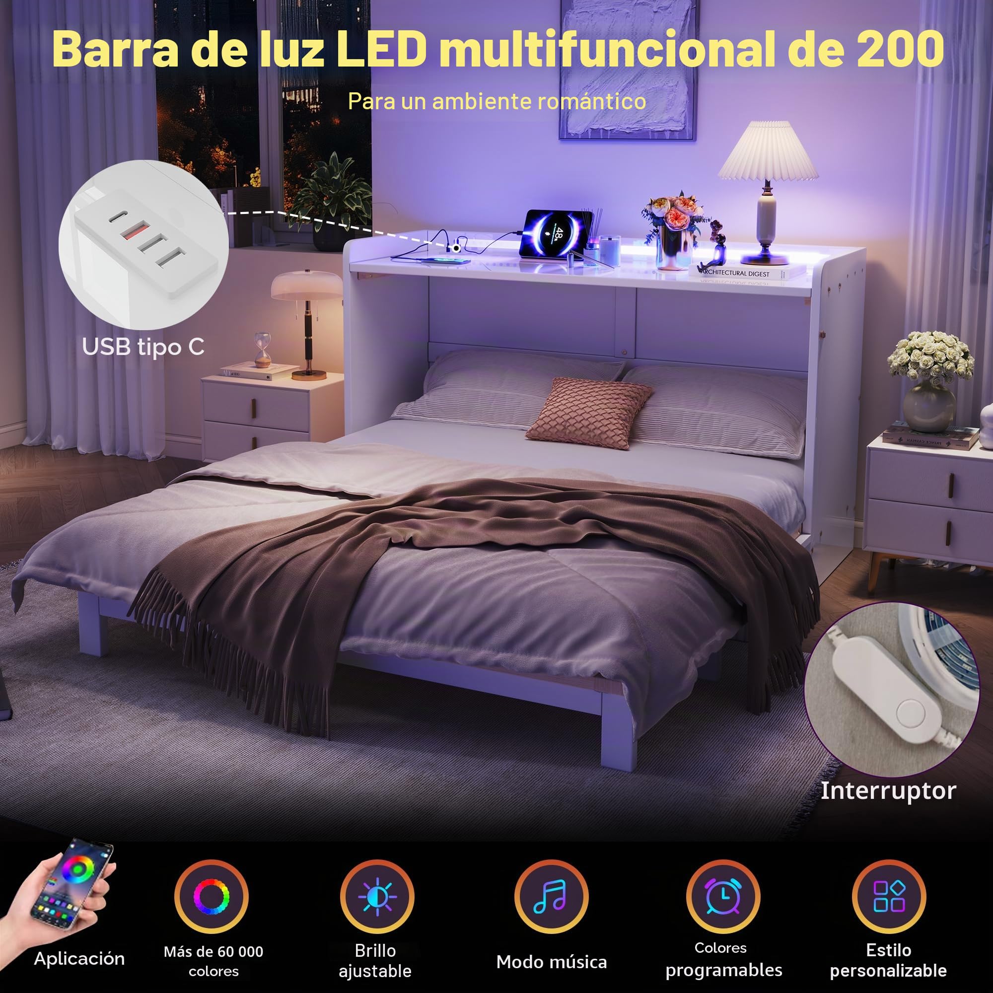 Armario cama, 140 x 200 cm, debajo de la cama se encuentran cajones, con USB y enchufe, barra de luz LED, con placa brillante, cama con plataforma convertible, sin colchón, color blanco
