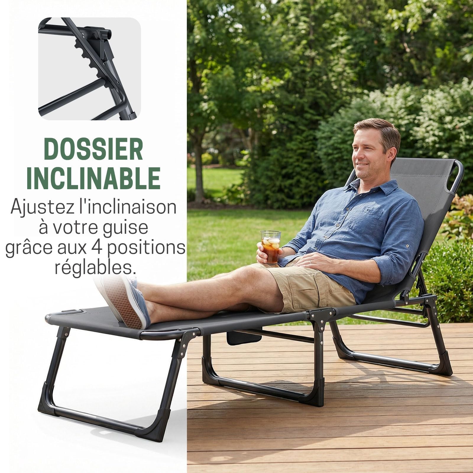 Bain de Soleil 4 Positions, Chaise Longue Pliable | avec Matelas Rembourré et Oreiller; Lit de Camping Portable; pour Jardin, Plage, Piscine, Patio; Gris