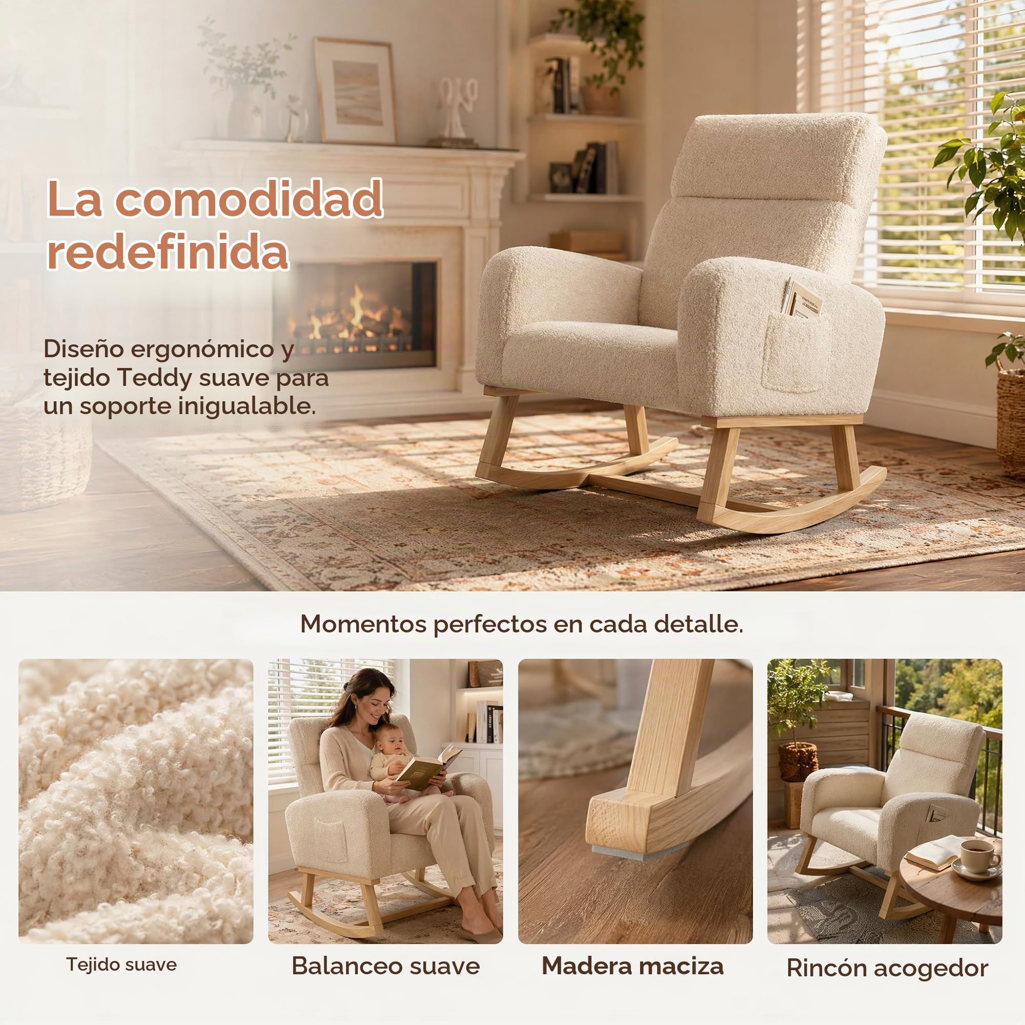 Mecedora, Mecedora con Bolsillos Laterales, Patas de Madera Maciza, sillón, Ideal para el salón y el Dormitorio (Beige)