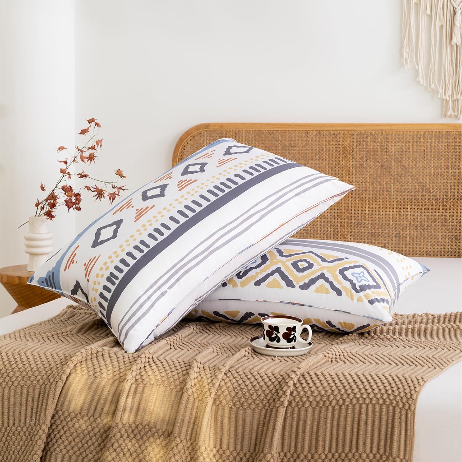 YOUR MOON Super Soft Supportive Pillow Queen Size Set of 2, Printed Down Alternative Bed Pillows for Sleeping, 100% Cotton Shell, Pillow for Side and Back Sleepers (Boho)