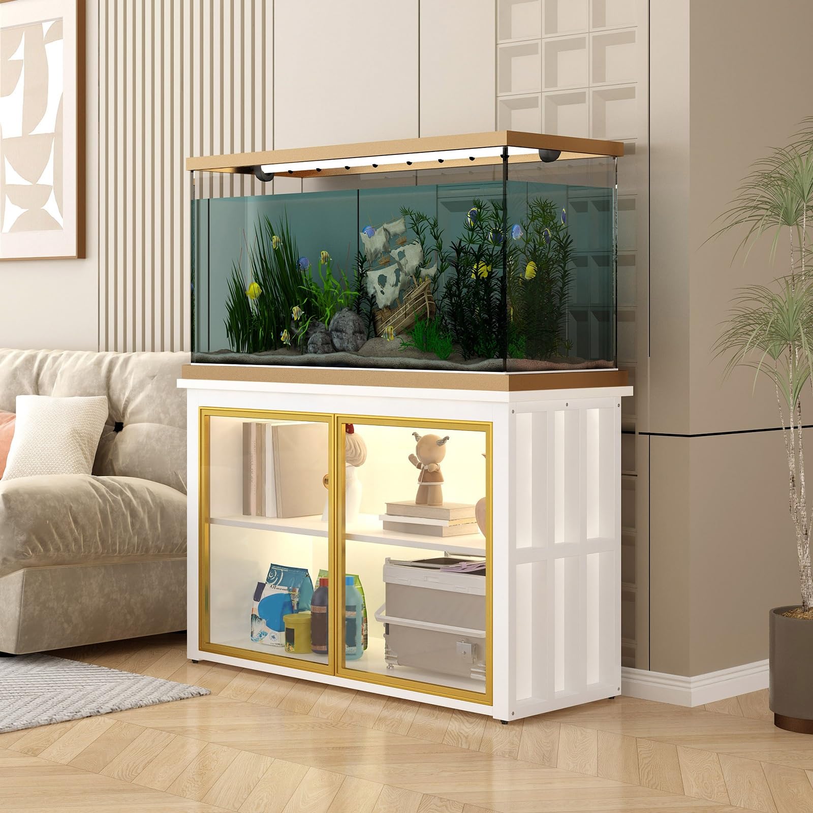 10-70 Gallon Fish Tank Stand, Glass Cabinet Door, Heavy Duty Aquarium Stand with Cabinet for Fish Tank Accessories Storage, Turtle Tank, Reptile Terrarium(White,55x35cm/21.6x13.7in)