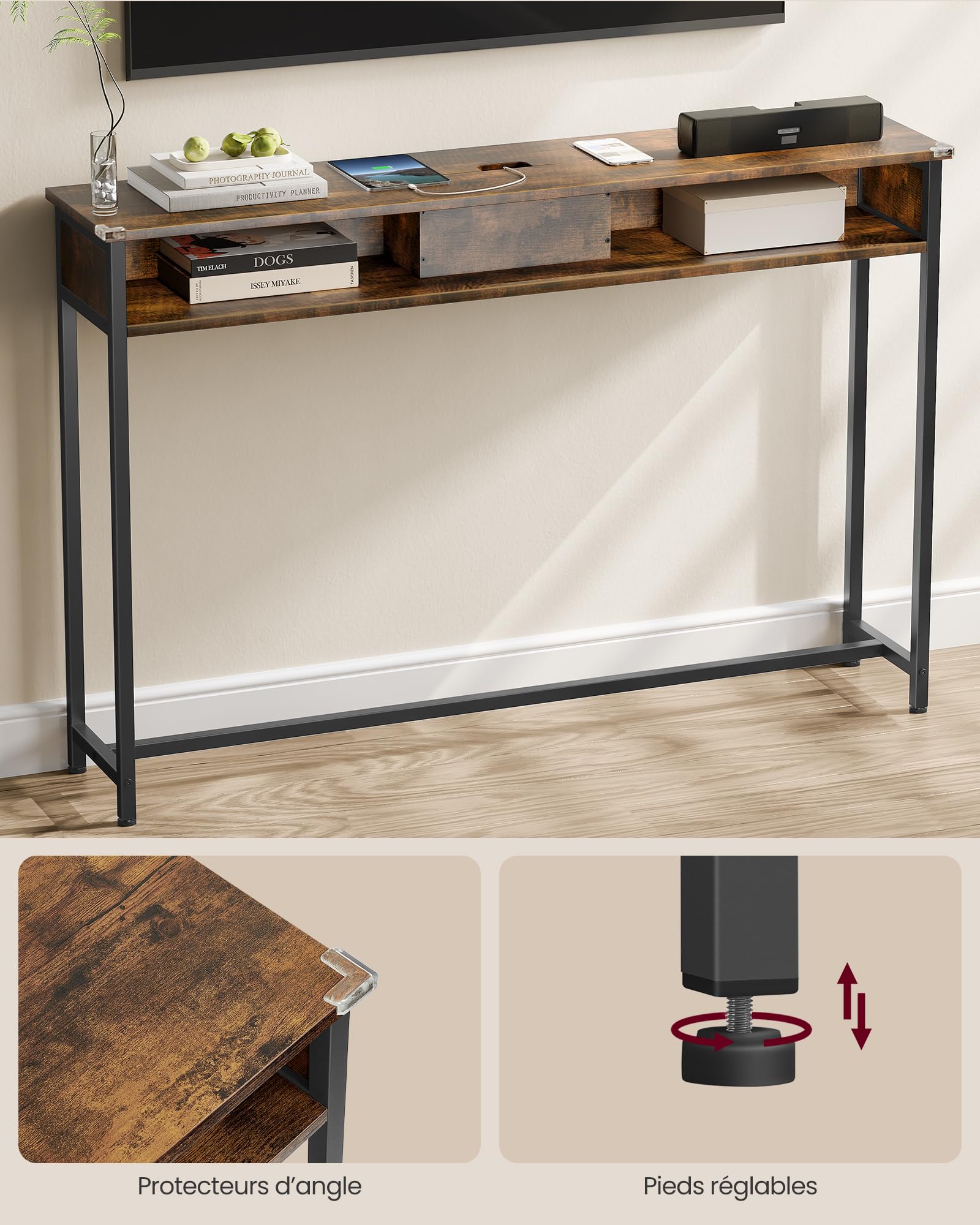 VASAGLE Table Console Fine avec Multiprise, Table de Canapé avec 2 Compartiments, Chargement Caché, Gain de Place, 25 x 120 x 81 cm, pour Entrée, Salon, Marron Rustique et Noir d’Encre LNT111K01