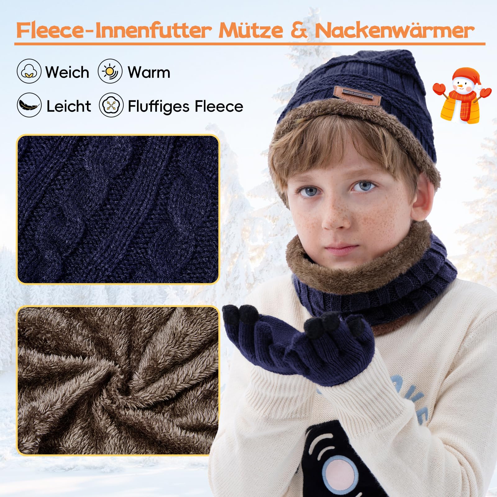 Durio Kinder Mütze Schlauchschal Handschuhe Mütze Set Wintermütze mit Fleece Gefütterte Strickset für Jungen und Mädchen