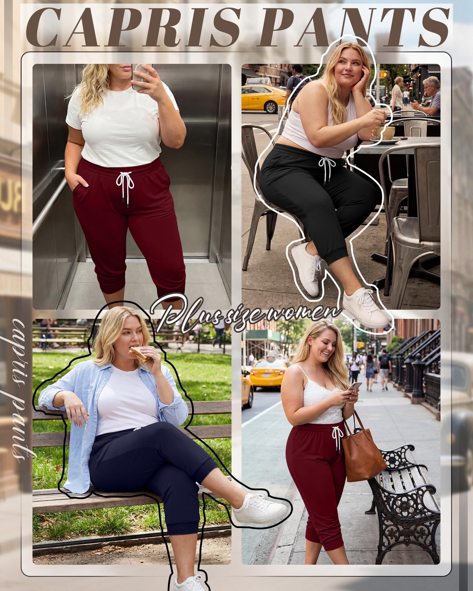 Neer Lot de 3 capris grande taille pour femme, pantalon capri en coton, pantalon de survêtement court et décontracté, avec cordon de serrage et poches
