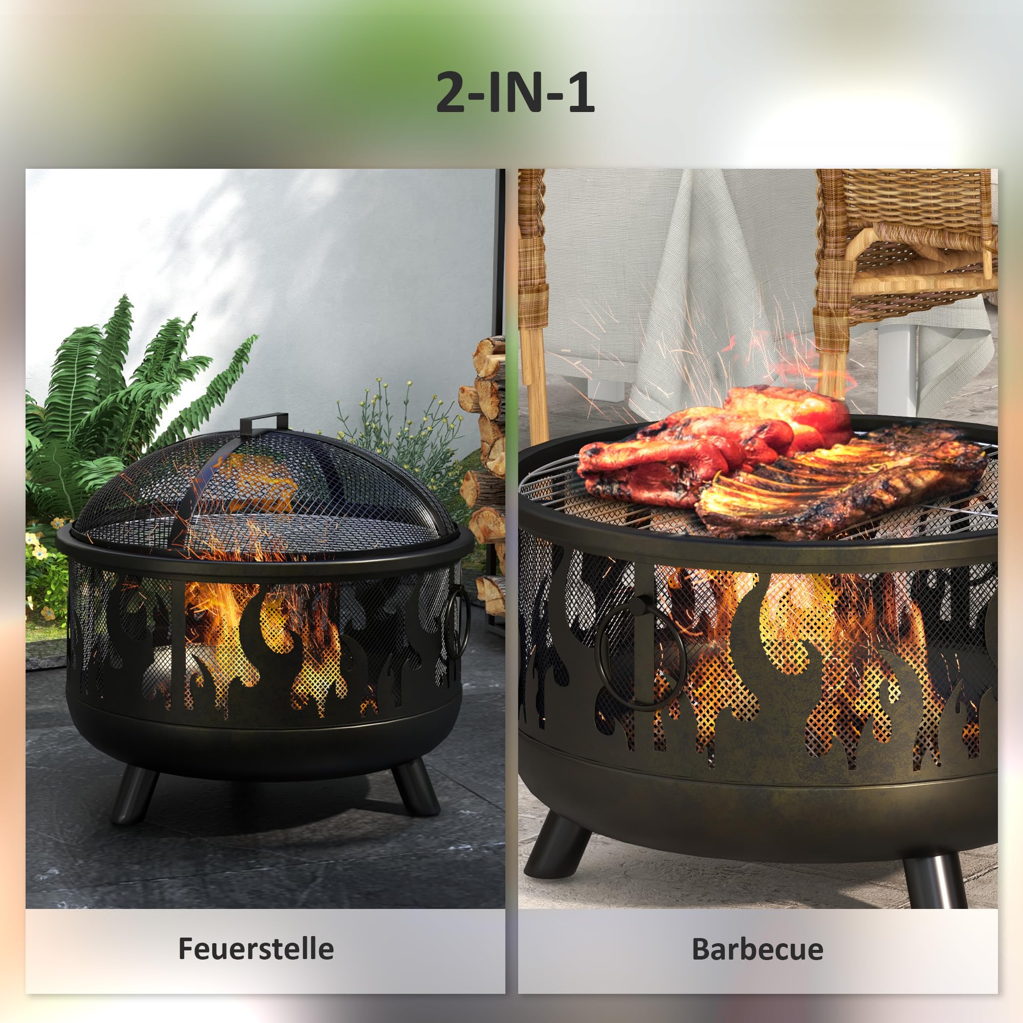 Outsunny Palenisko 2 w 1, koksownik z ochroną przed iskrami, ruszt do grillowania do ogrodu, BBQ, metalowy, czarny, Ø 61 x 55 cm
