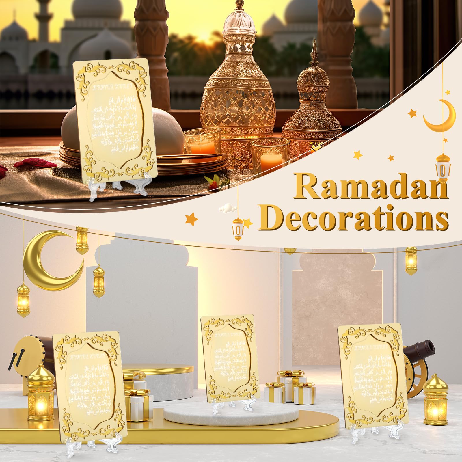 Yinkin 12 Pcs Eid al-Adha Gifts for Women Ayatul Kursi Islamic Party Favors Gifts Ramadan Muslim Wedding Table Art Room Party Decoration with Clear Stand and Gift Boxes (Gold)