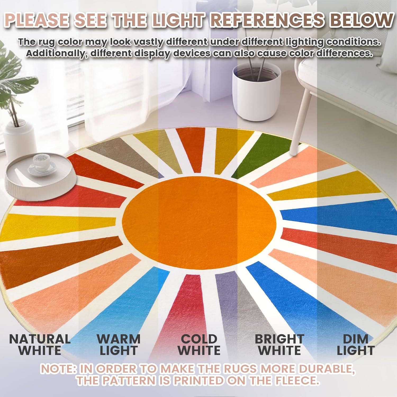 Washable 6Ft Round Sun Area Rug for Living Room, Rainbow Sun Modern Abstract Boho Circle Rug, Ultra Thin Low Pile Lightweight Indoor Carpet Mat with Non-Slip Backing for Bedroom Kids Nursery Play Room