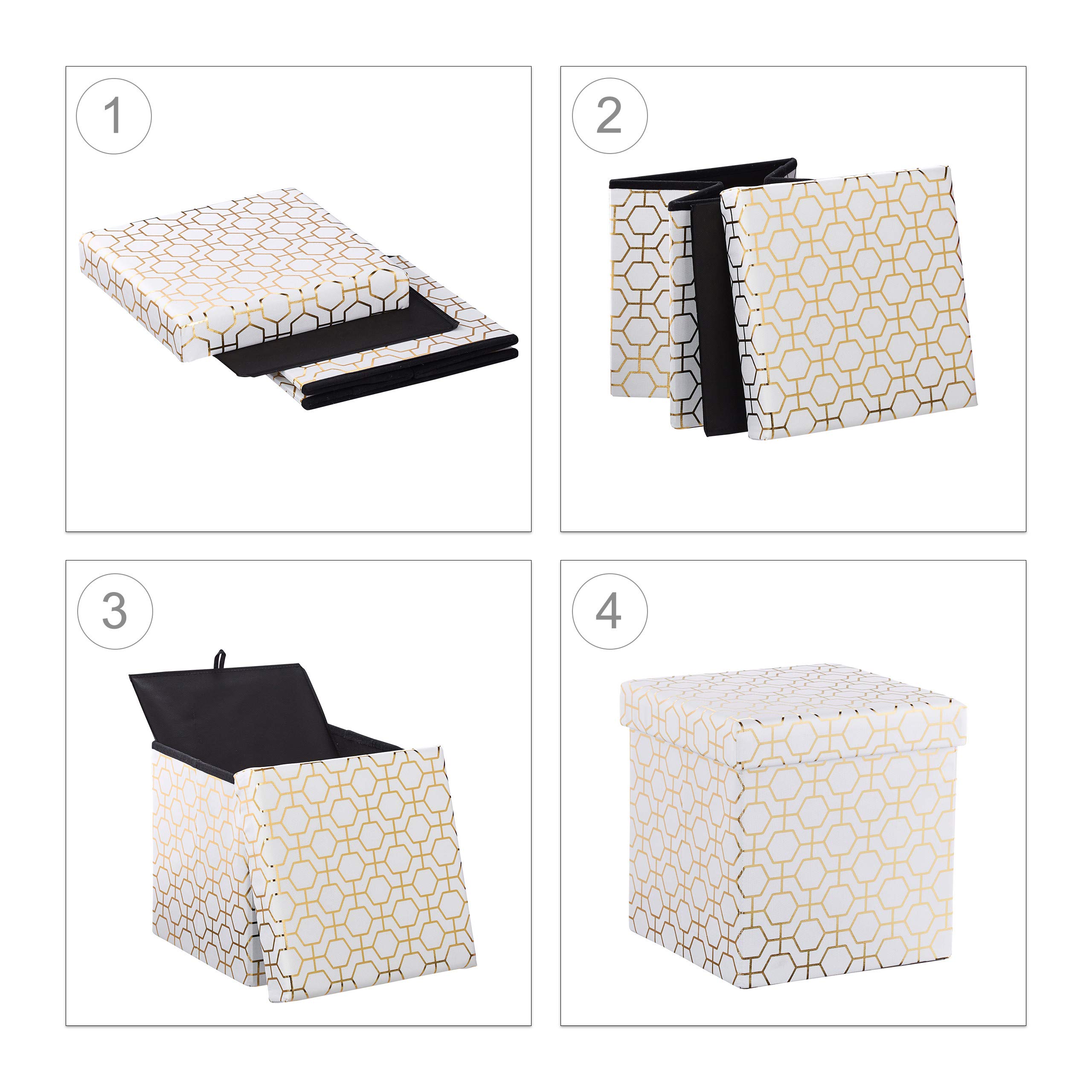 Relaxdays Pouf Pieghevole, Sgabello Imbottito con Coperchio, Motivi Geometrici, Spazioso, HLP: 38x38x38 cm, Bianco-Oro