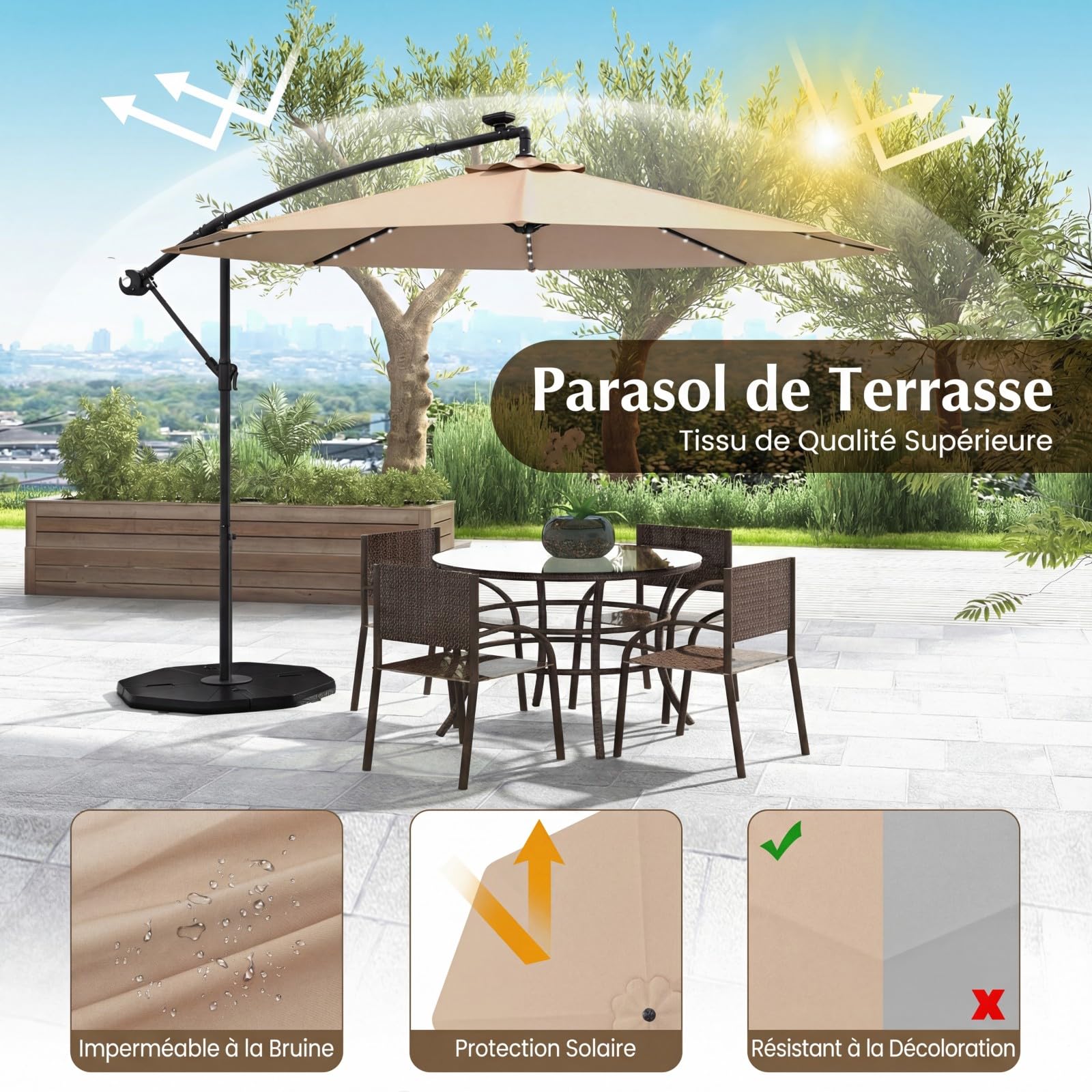 RELAX4LIFE Parasol Déporté Φ300 cm avec LED Inclinable 35° (Marron)