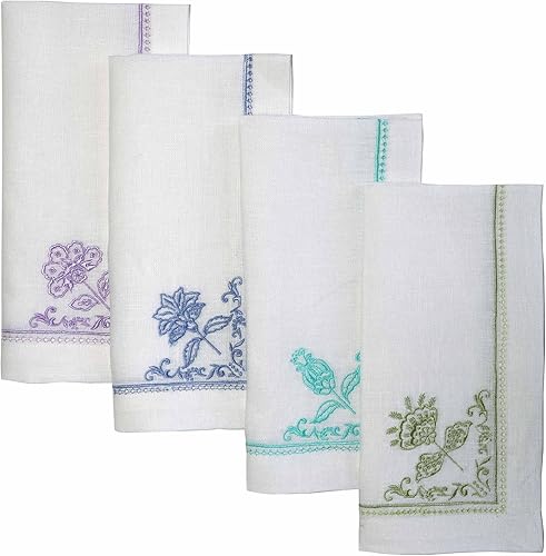 's Signature Kitchen Collection - Juego de servilletas de lino blanco con bordado floral multicolor y punto de vainica