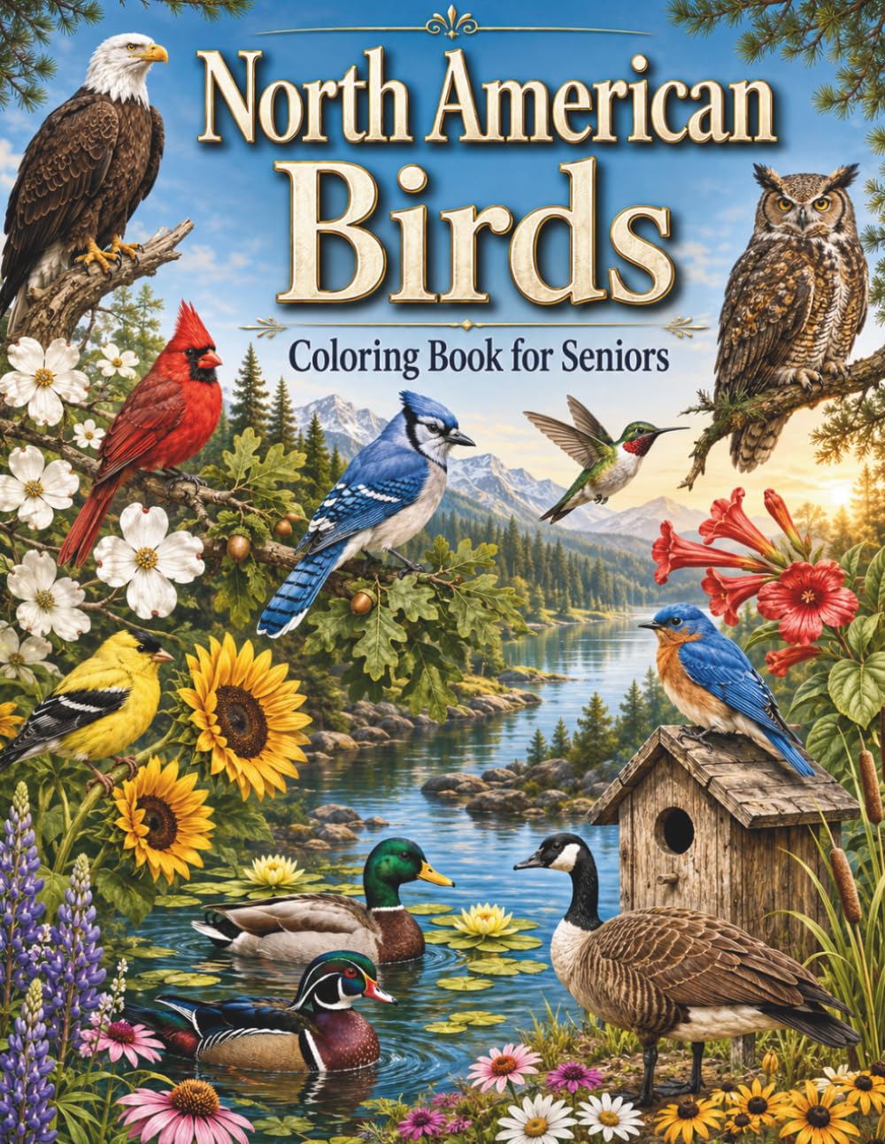 North American Birds Coloring Book for Seniors: Large Print Relaxing Bird Designs Featuring Beautiful Backyard Birds, Songbirds, Waterfowl, Eagles, Owls, and Woodland Wildlife for Stress Relief