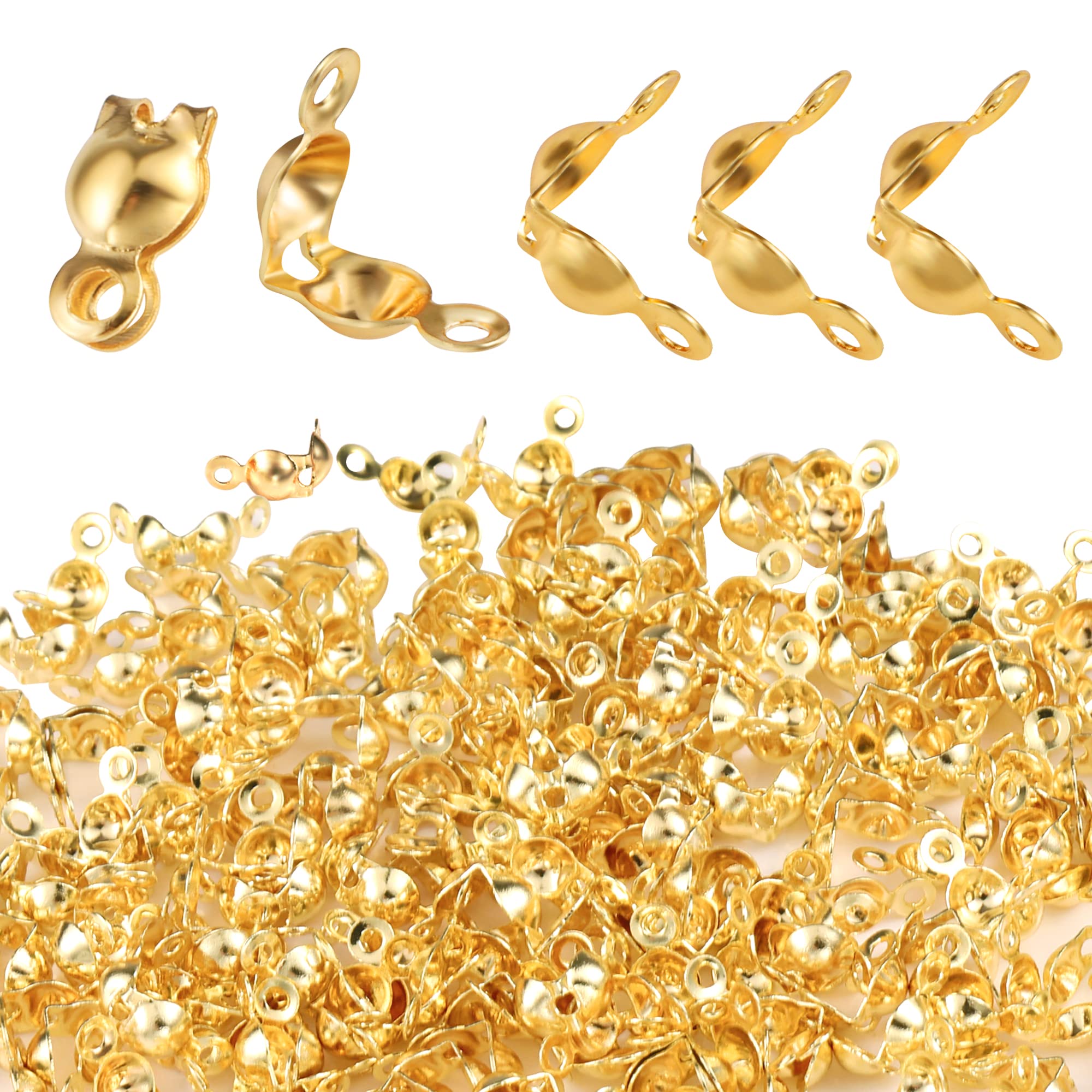 200 PCS Gold Knot Covers for Jewelry Making 4x8 mm Clamshell Crimp Tips Beads Clamshell Fold-Over Bead Covers for DIY Bracelets Necklaces