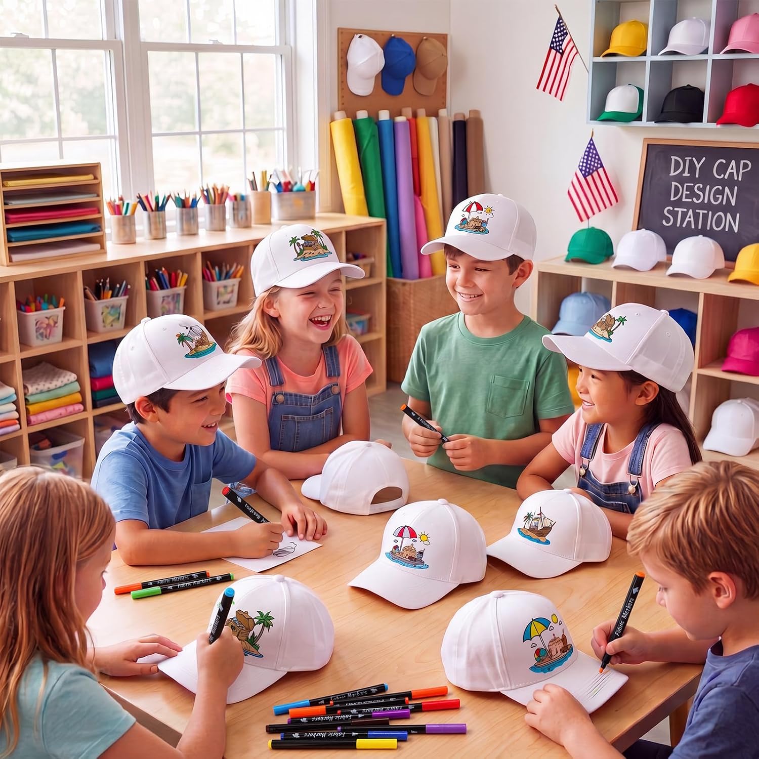 16 Pack Kids DIY Summer Baseball Caps Set with Fabric Markers, Adjustable Beach Print Hats for Children Art Craft, Summer Sports Outdoor Activities
