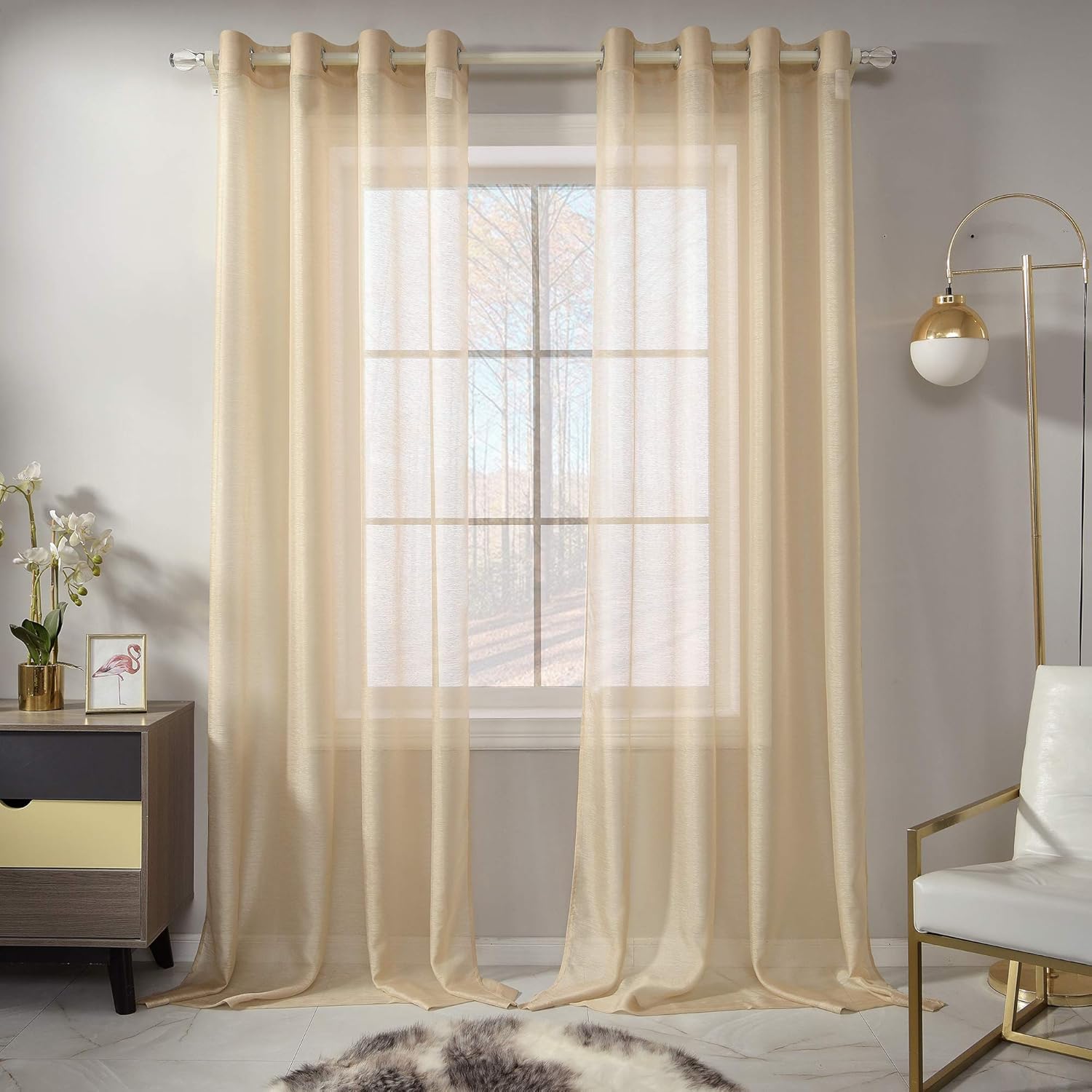 RAIN CITY Beige Sheer Curtains 72 Inch Length Set 2 Panels for Apartment Faux Linen Sheer Drapes Solid Elegant Grommet Beige Textured Sheer Curtains for Office Bathroom Windows 52 X 72 Inches Long