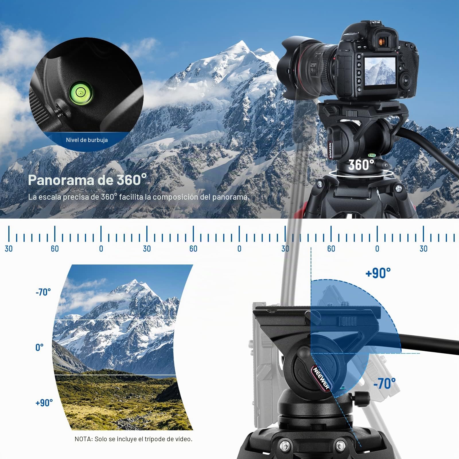 NEEWER 74" Pro Video Trípode con Cabeza Fluida, Trípode de Aluminio Resistente con Pan de 360° y Placa de Liberación Rápida de Cabeza Inclinada de -70°/+90° y Esparcidor de Nivel Medio, MAX 8kg，GM88