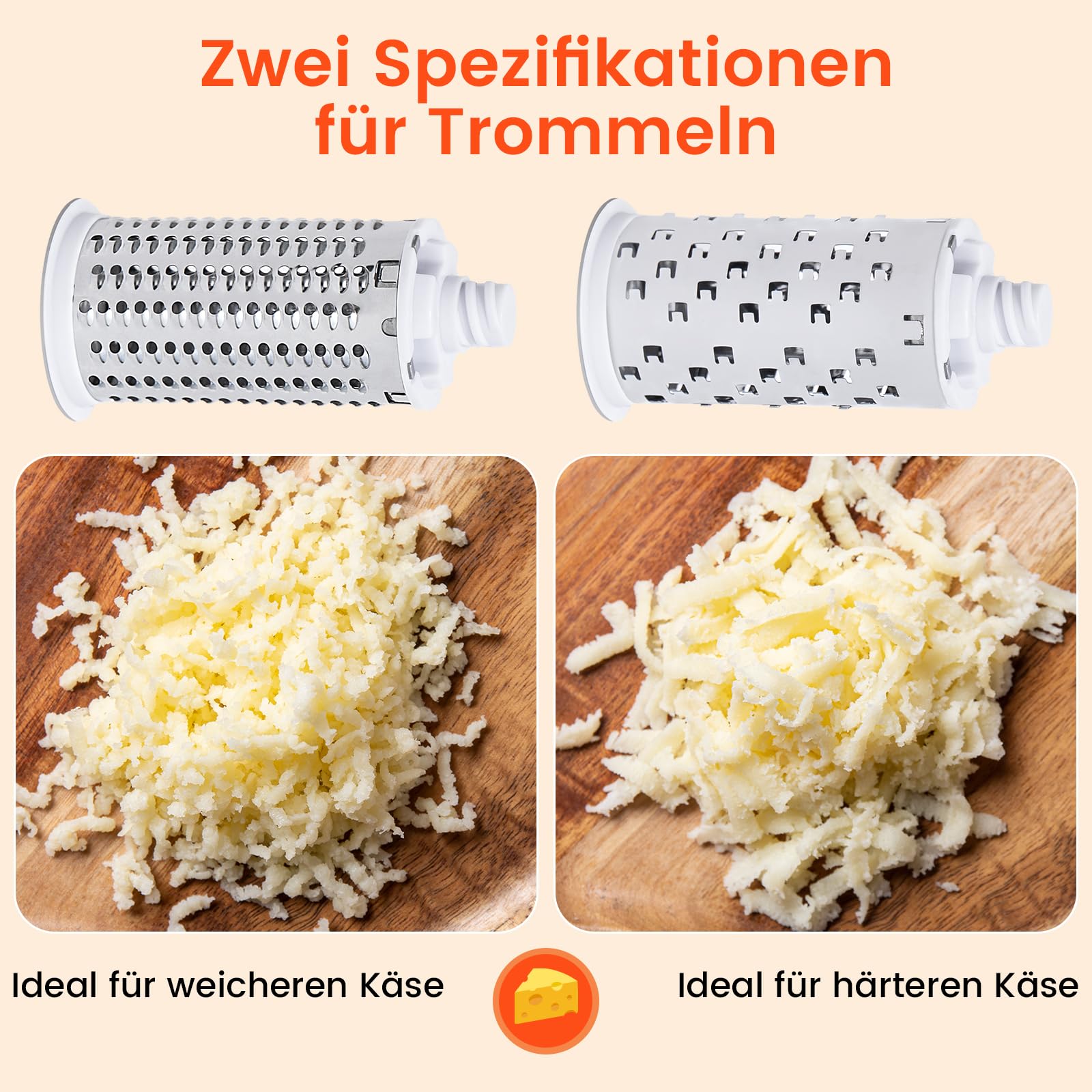 Parmesanreibe, Classic Käsereibe mit Kurbel, 2-in-1 Rotierende Rotary Käsereibe mit 2 Edelstahltrommel für müheloses Reiben von Hartkäse, Schokolade, Nüssen und vielem mehr. Spülmaschinenfest