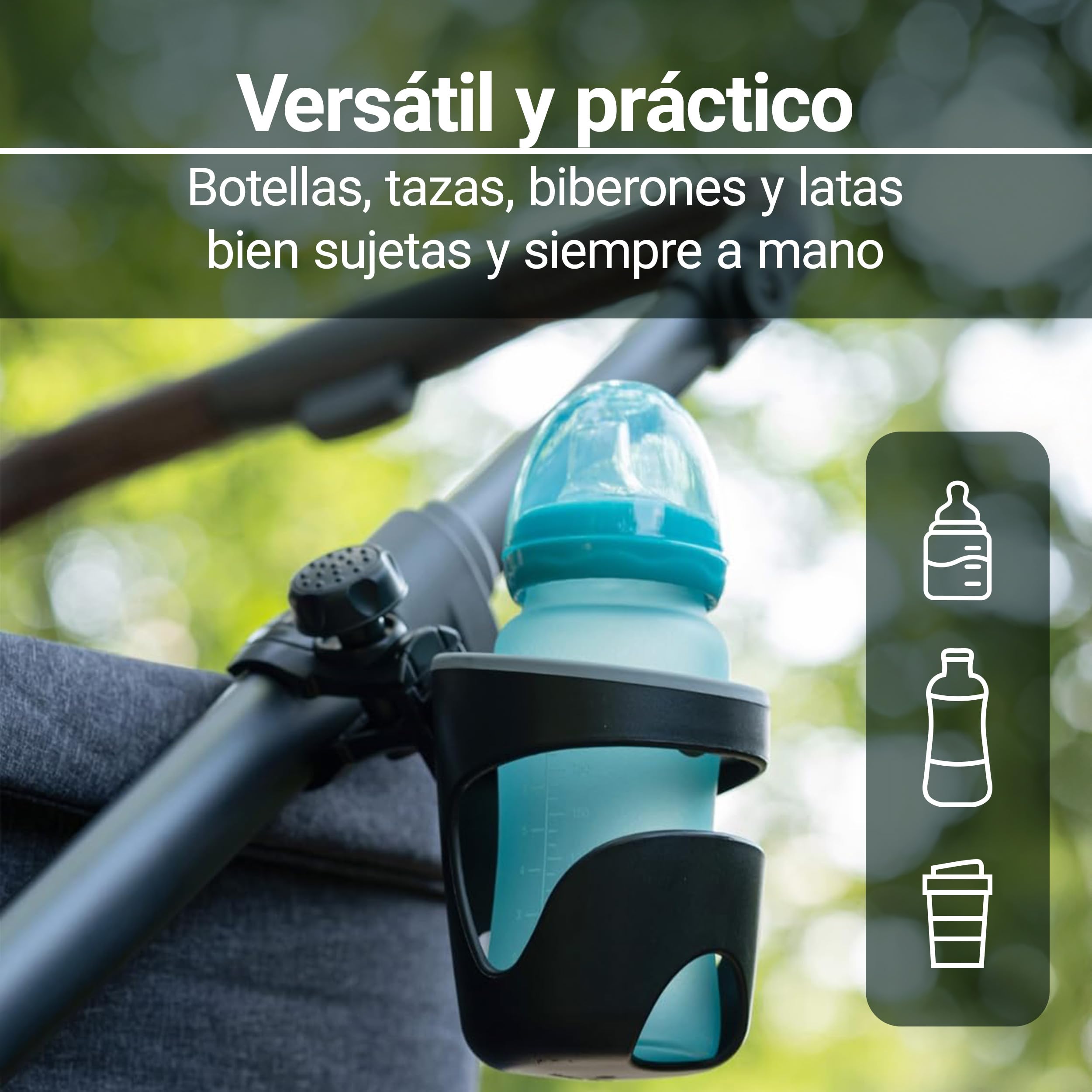 Zamboo Portavasos Universal para Carrito de Bebé – Soporte Antideslizante para Bebidas y Biberones – Ajustable y Fácil de Instalar – Accesorio para Silla de Paseo y Cochecito - Negro/Gris
