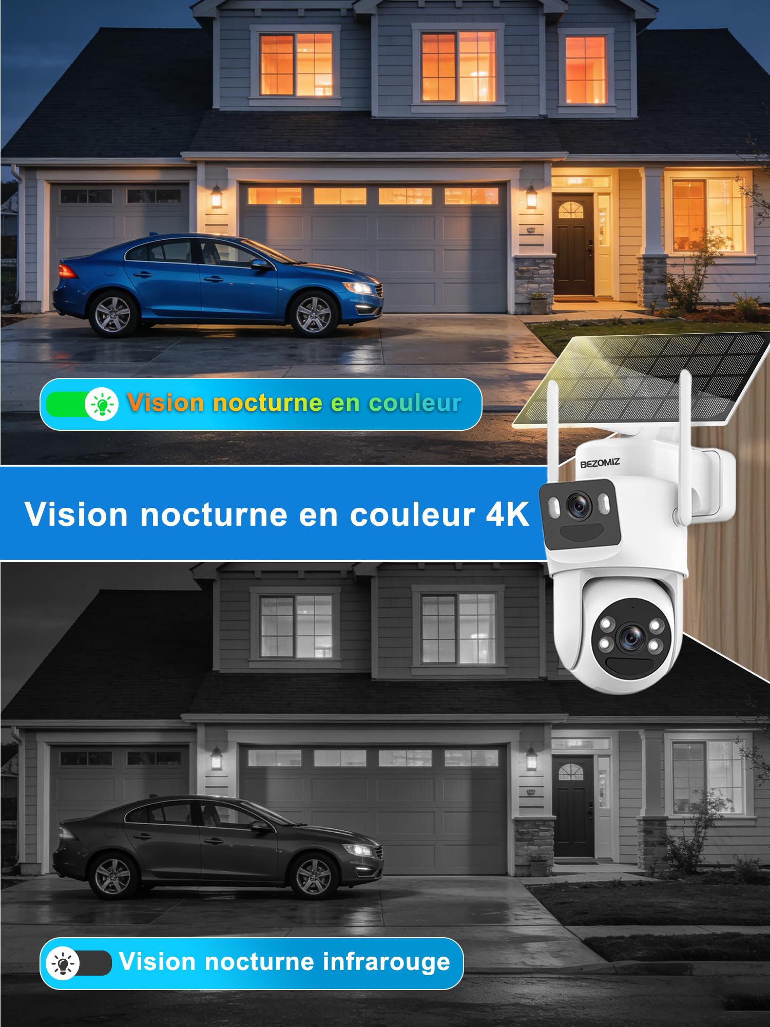 4K Camera Surveillance WiFi Exterieure sans Fil Solaire,Camera Exterieur Double Objectif avec Panneau Solaire,360° PTZ,8MP Vision Nocturne Couleur,Audio Bidirectionnel,PIR Sirène,IP66