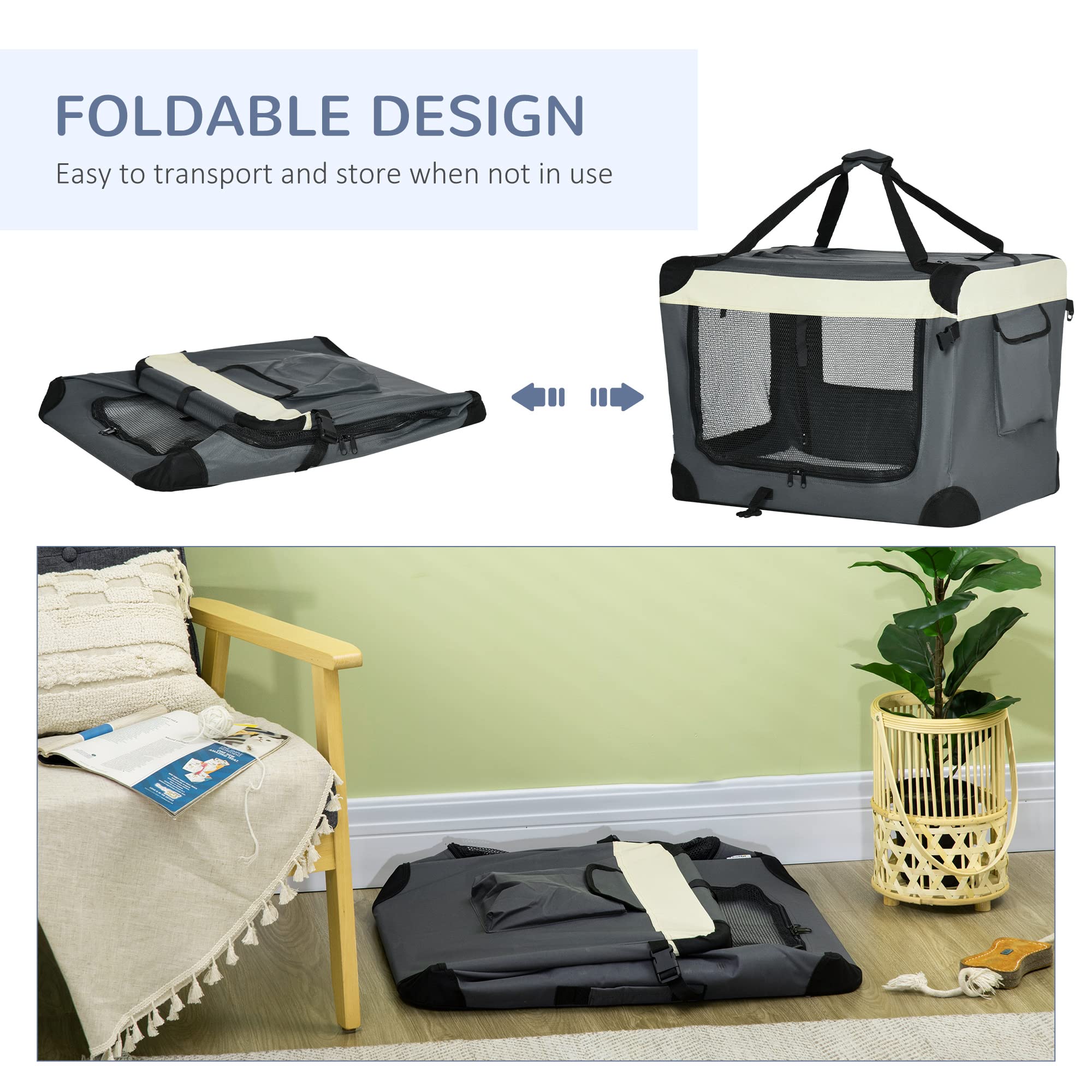PawHut Bolsa de transporte plegable para mascotas de 70 cm, caja de viaje suave, transportador portátil para gatos con cojín, para gatos y perros pequeños, gris