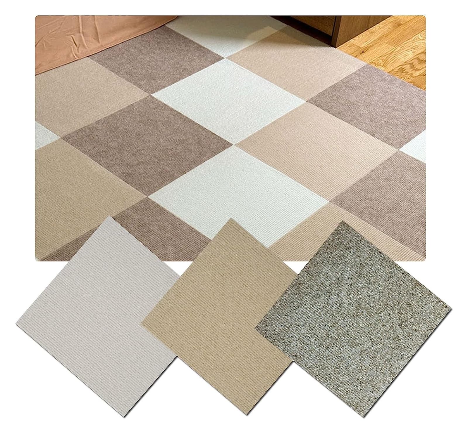 Cxvhsertwr White+Camel+Light Curry Carpet Squares, Carpet Tiles 12X12in Self-Priming Splice Loop Pile Carpeting(,12Pcs)