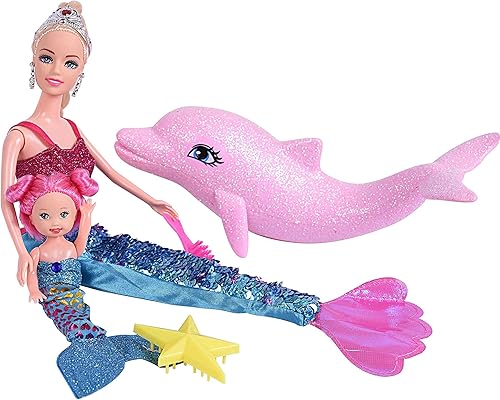 Miniatura 3 de Juego de muñeca de princesa sirena, sirena que cambia de color, muñeca de vestir de 12 pulgadas y muñeca de vestir de 3 pulgadas y delfín, cambio de