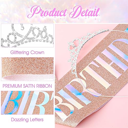 Miniatura 4 de cobee Juego de banda de cumpleaños y corona de diamantes de imitación, gran regalo de cumpleaños, tiara de cumpleaños de princesa de cristal, banda