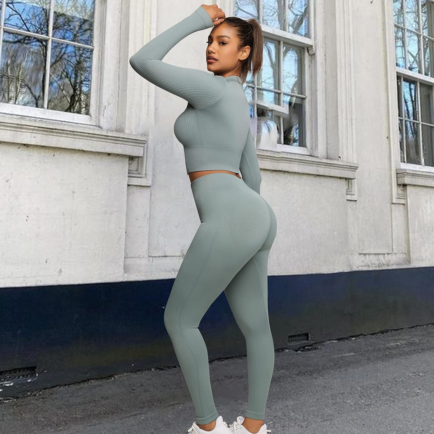 FeelinGirl Workout Sets for Women 2 Piece Gym Outfits High Waist Yoga Leggings and Long Sleeve Crop Top with Zipper