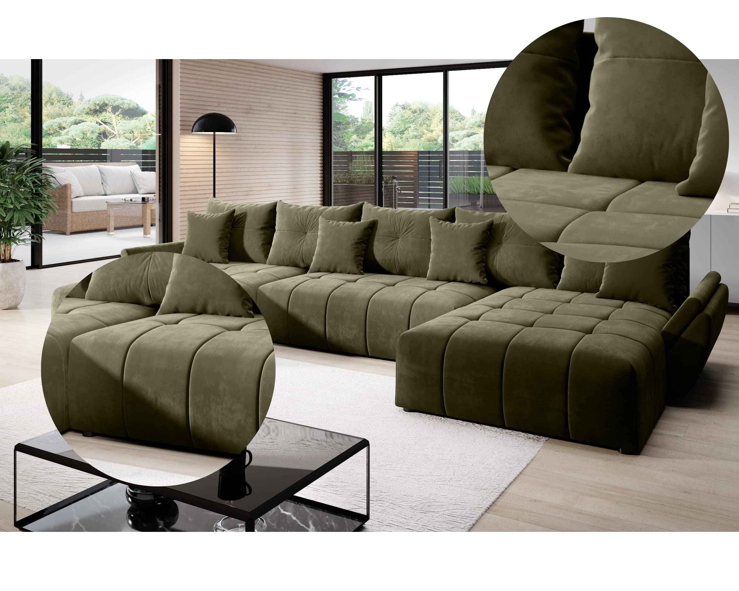 Sofa rozkładana w kształcie litery U Velvet Monolith 382 x 190 cm, wysuwana sofa z sofą Sto i Cushs, wszechstronna kanapa w kolorze M-38, idealna dla małych dzieci