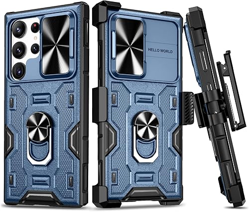 VEGO Funda para Galaxy S23 Ultra con soporte, cubierta deslizante para cámara y soporte de anillo magnético y funda resistente con clip para