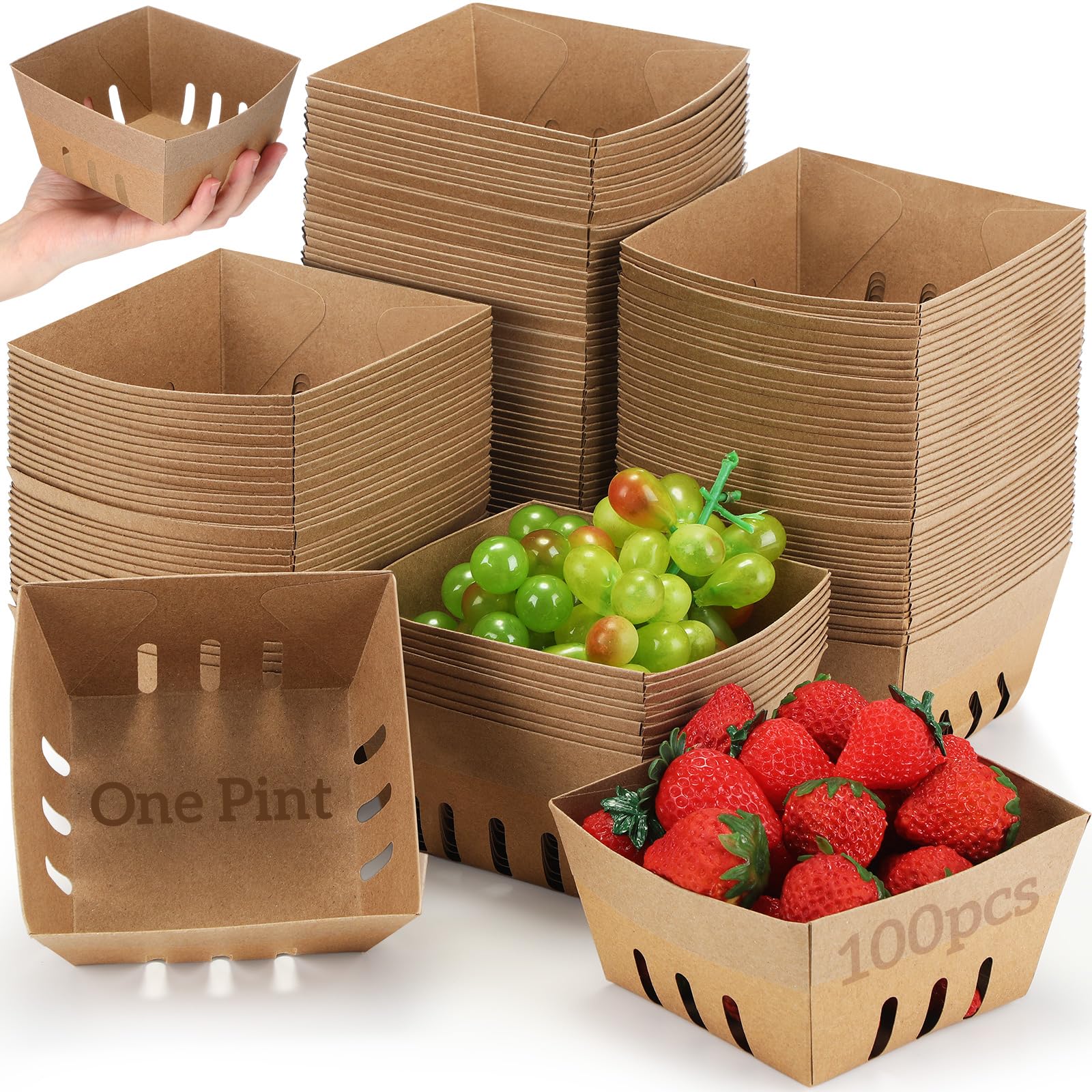 Watersay 100 Pcs Pint Berry Basket Cardboard Containers (3.5 x 3.5 x 2.5 Inch) Strawberry Baskets Berry Containers Box for Fruit Produce Vented Box