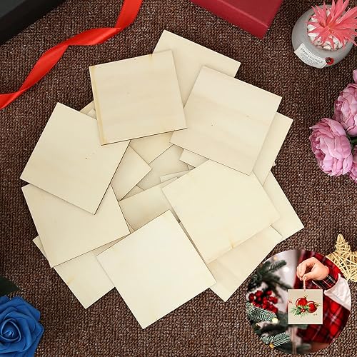 Miniatura 6 de 120 piezas de cuadrados de madera sin terminar de 4 x 4, piezas de madera en blanco para manualidades, rebanadas de madera natural, azulejos