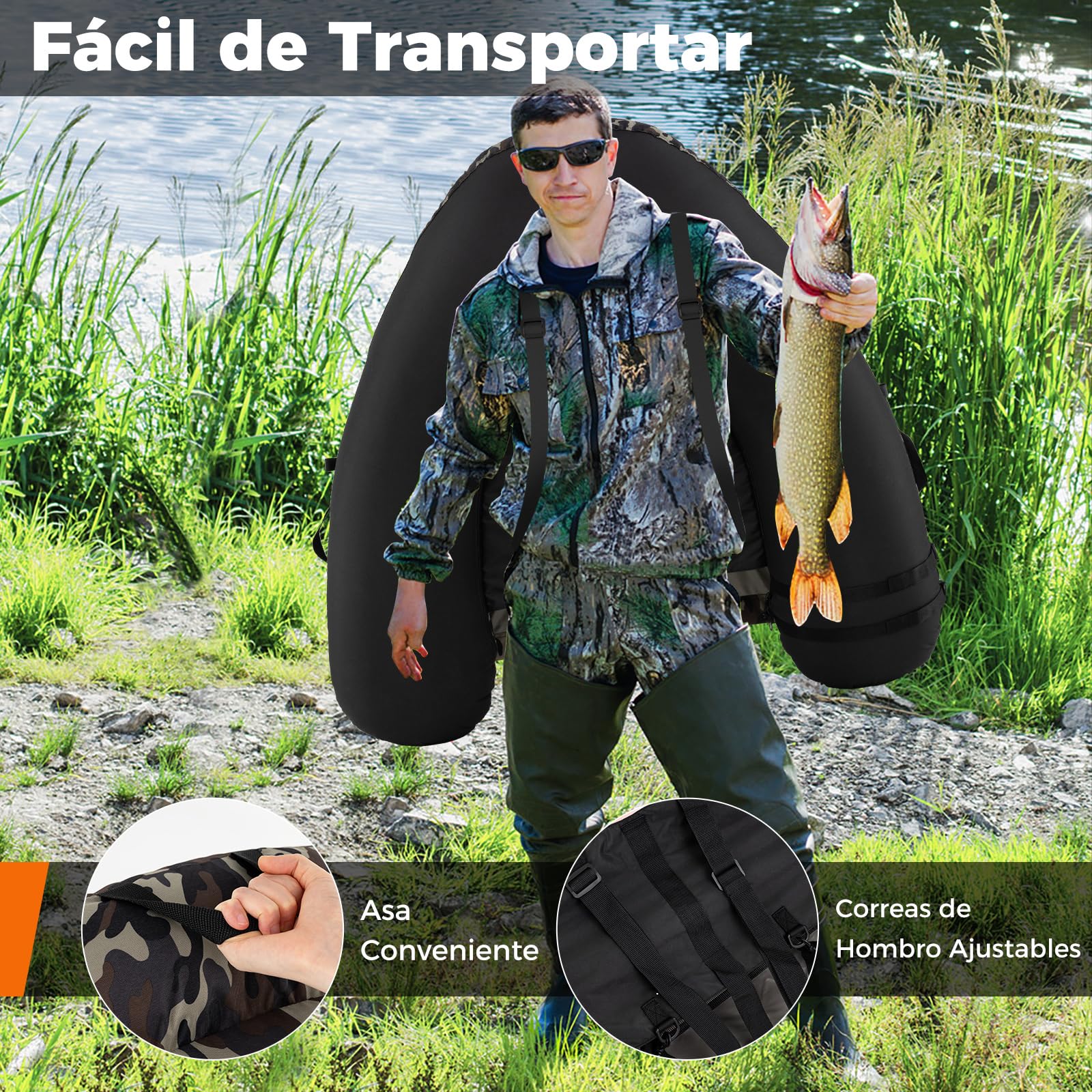 COSTWAY Flotador de Pesca Inflable, Bote Portátil con Remo, Bomba, Aletas, Soporte para Caña de Pescar, Regla para Peces, Almacenamiento, Capacidad 150 kg, Ideal para Adultos en Lagos y Ríos