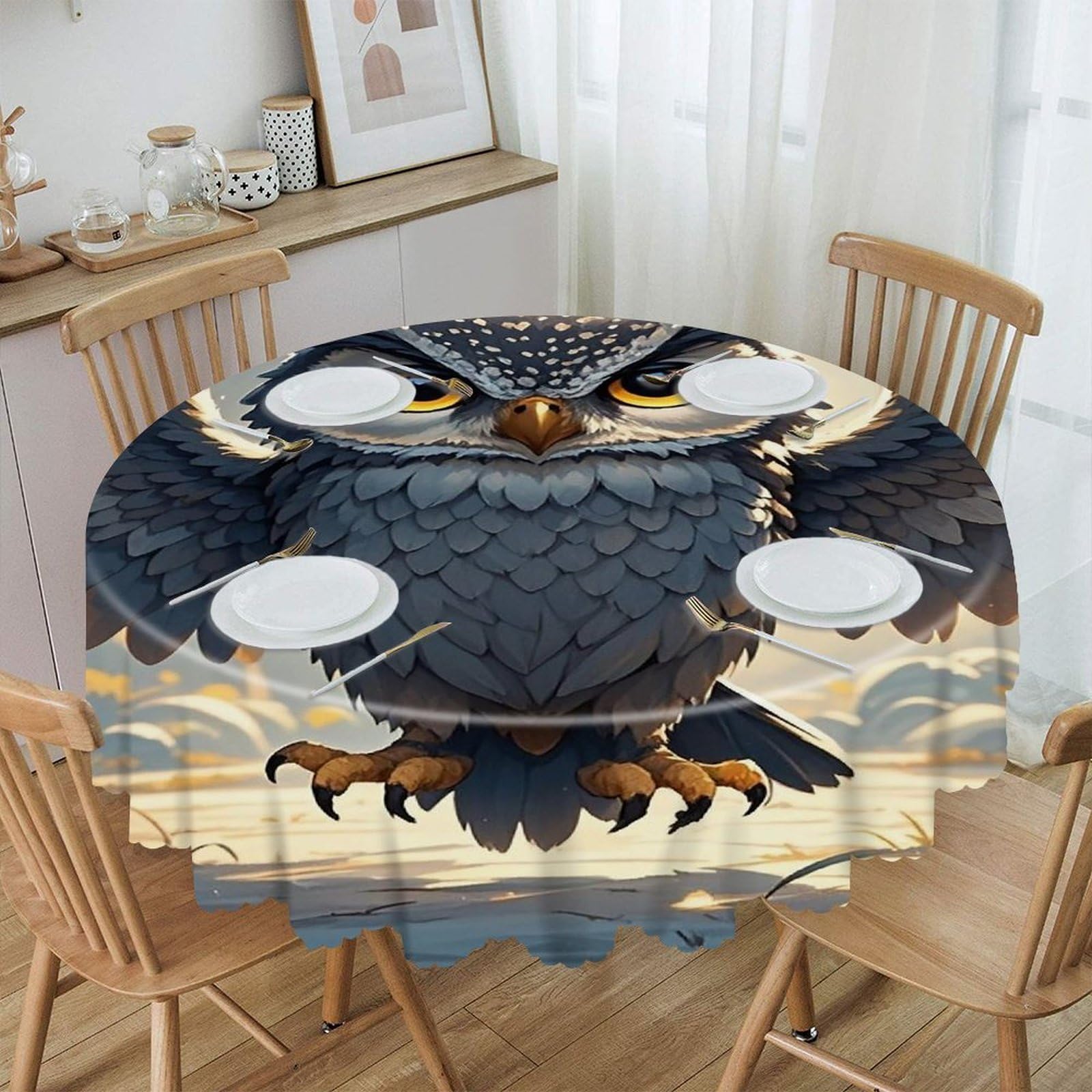 VstaDank Anime Owl Round Tablecloth 60 Inch Easy to Clean Circle Table Cover Thick Decorative Round Polyester Table Cloth for Dining Kitchen Party Farmhouse Outdoor
