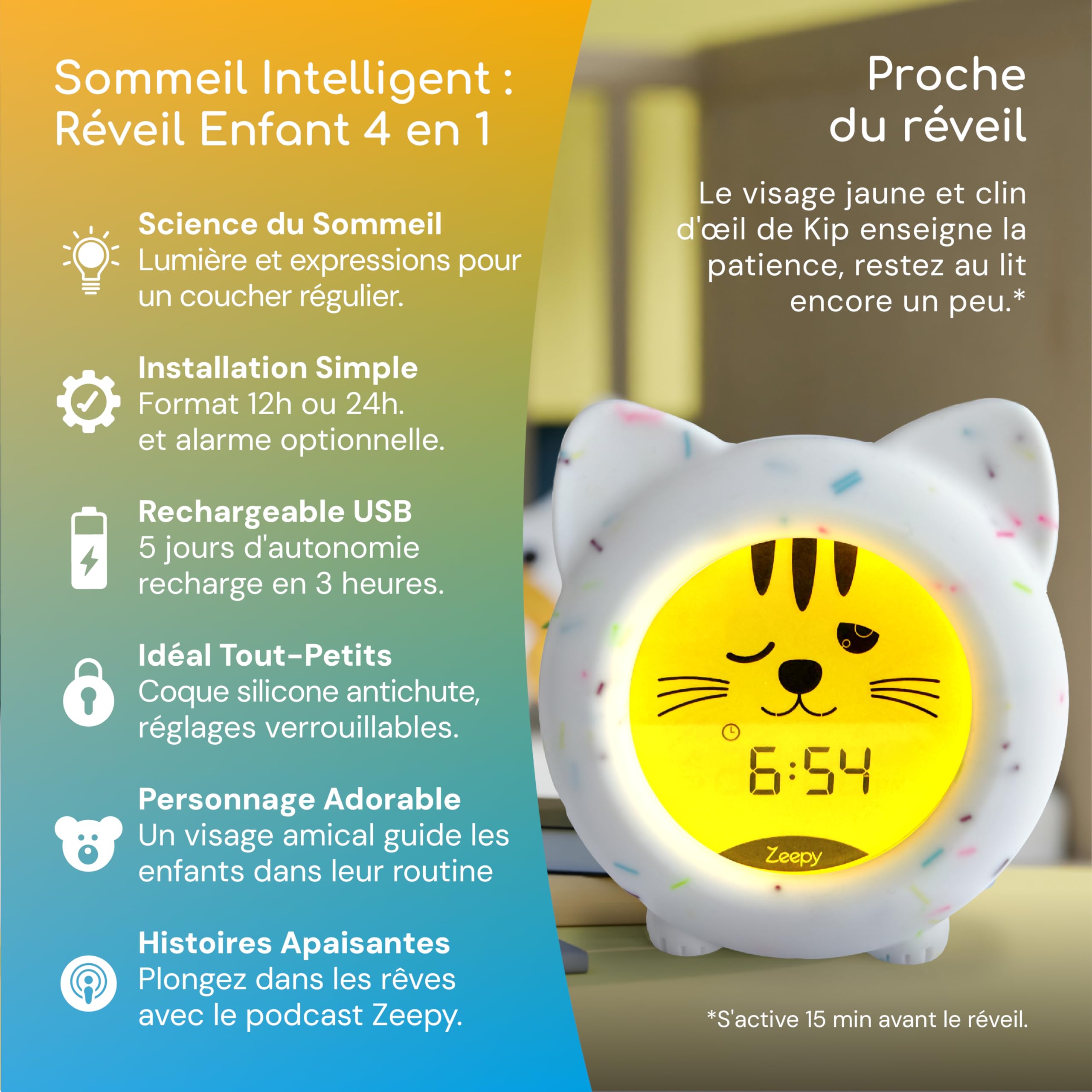 Zeepy Horloge Enfant 4 Phases Apprentissage Sommeil Reveil Educatif Jour/Nuit Veilleuse Bébé USB Cadeau Naissance