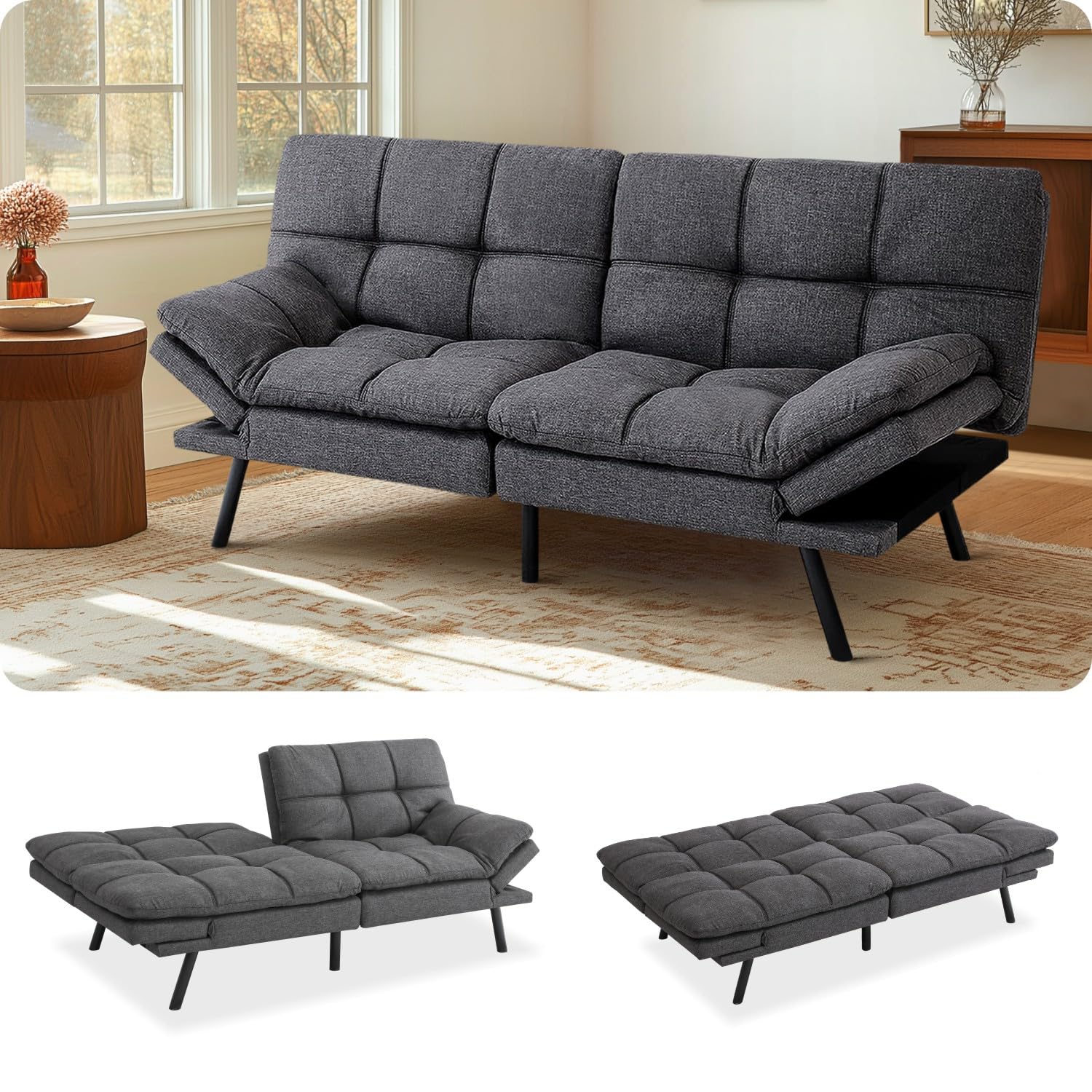 MUUEGM Futon Sofa Bed 71" Gunmetal Convertible Memory Foam Futon Couch Bed Modern Loveseat Sleeper with Adjustable Backrests Armrests for Living Room,Small Space,Office