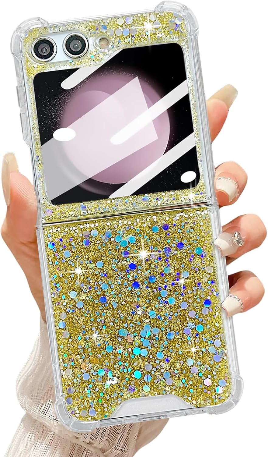 UEEBAI Case for Samsung Galaxy Z Flip 6 5G, Pretty Bling Glitter Case for Women Cute Shiny Sparkle Phone Case for Girls Bling Stars Cover Four-Corner Shockproof Protective Slim Fit Case - Gold