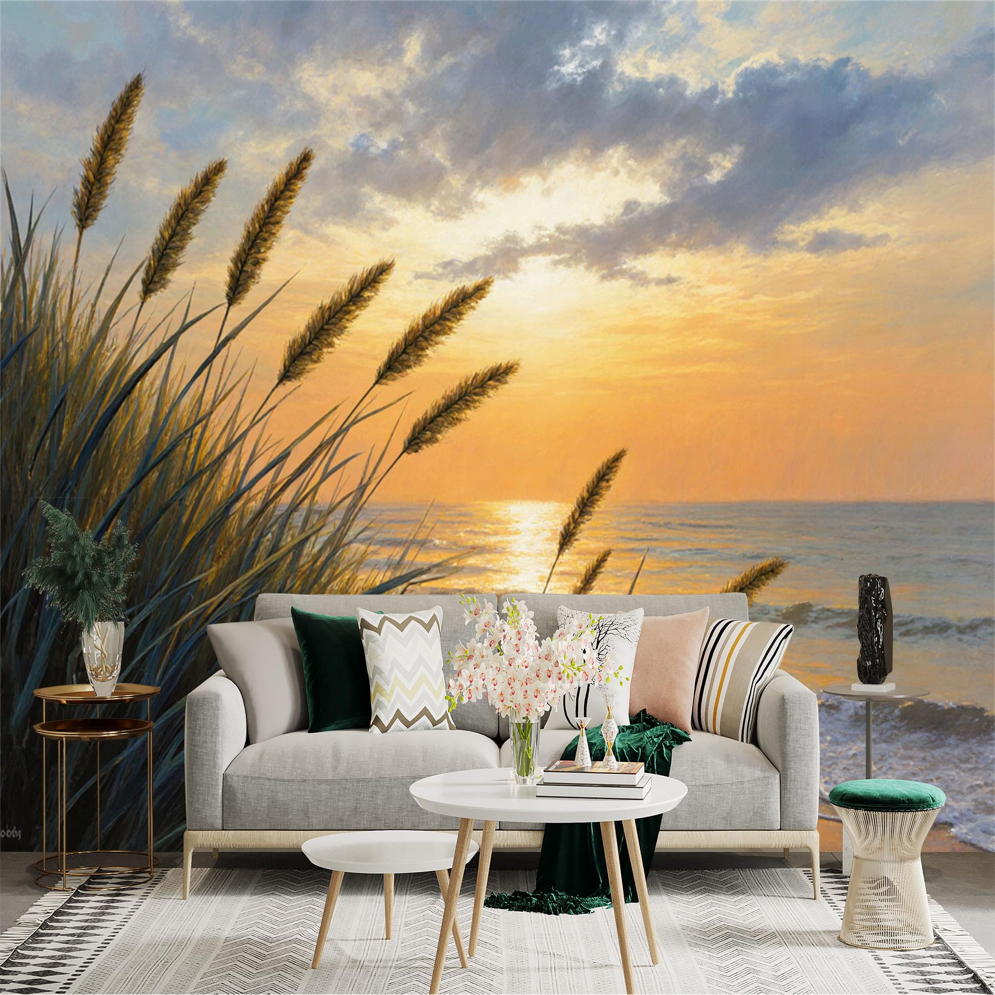 Custom Size Wall Sticker Mural， Golden Sunset Coastal View， Oceanic Horizon with Wild Dunes， Peaceful Seascape Scenery， for wall Decoration， peelandstick wall Decals.