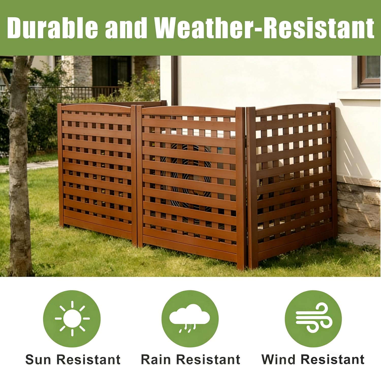 32" W x 38" H Air Conditioner Fence, 3 Panel Trash Can Fence Screen for Outside Unit, No Dig Pool Equipment Enclosure, Wood Privacy AC Fence Panels for Garbage Outdoor, Brown