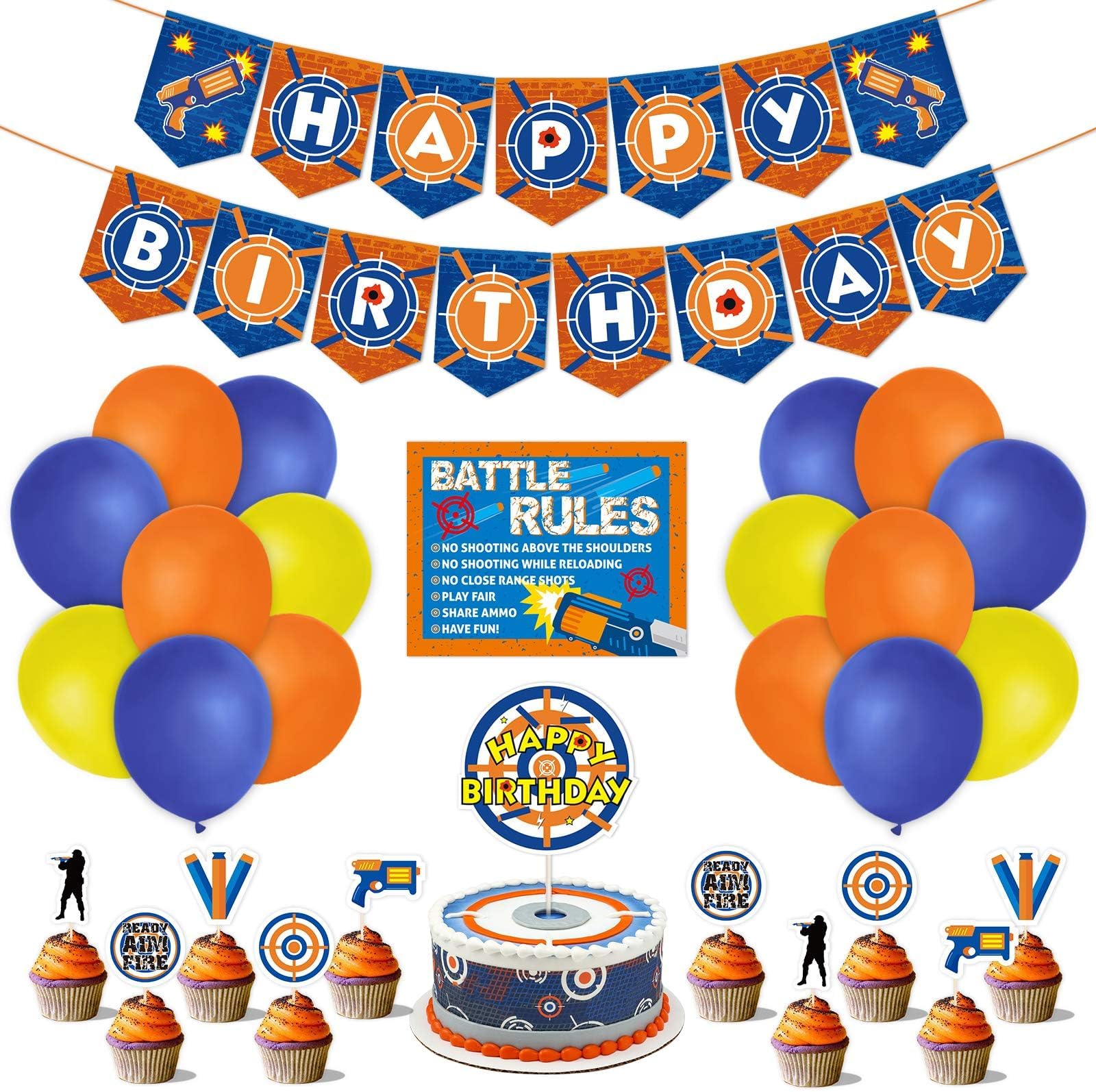 Dart War Party Supplies 53pcs Gun Theme Birthday Party Decorations Dart War Banner Balloons Boy's Birthday Party Themed Dart Battle Latex Balloons Cake Cupcake Topper