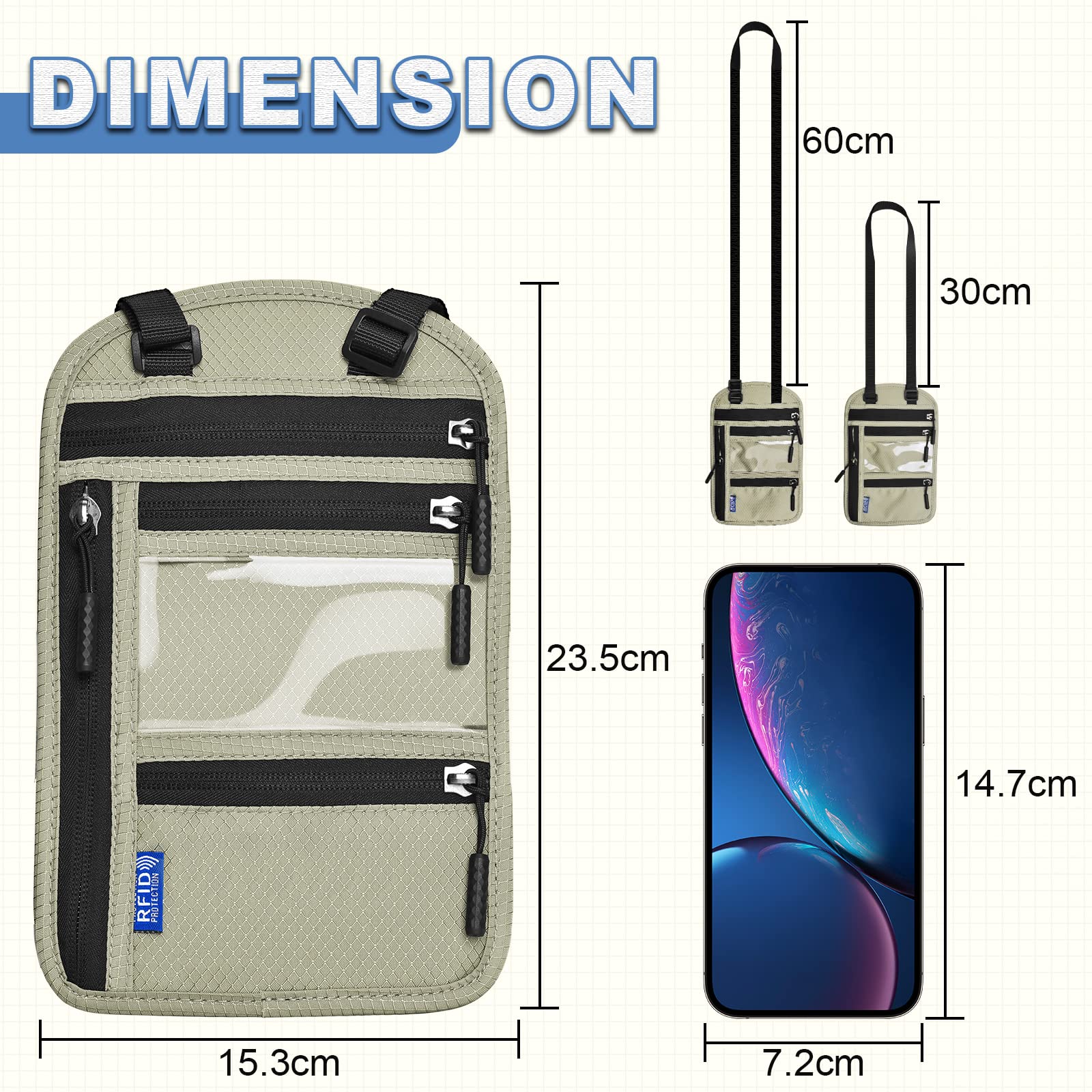 Yordawn Portadocumenti da Collo Borsello da Viaggio con Blocco RFID Porta Passaporto con Tracolla Regolabile per Uomo Donna Impermeabile Portafoglio da Сollo per Carte Passaporto (Grigio Chiaro)