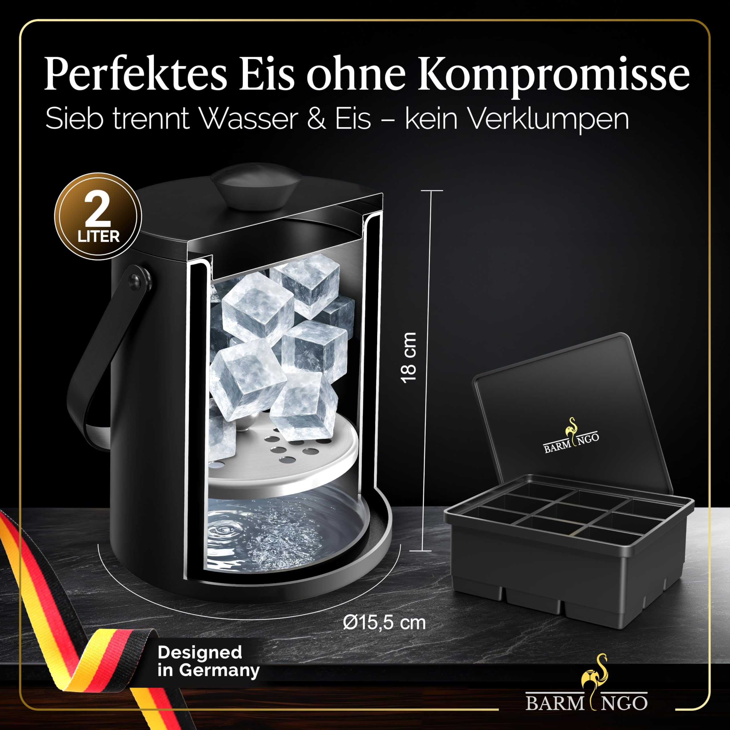 Edelstahl Eiswürfelbehälter mit Deckel - 2l Eiskübel/Eisbehälter für Eiswürfel mit Sieb, Eiswürfelform und Zange | Eiseimer doppelwandig, isoliert, BPA-frei