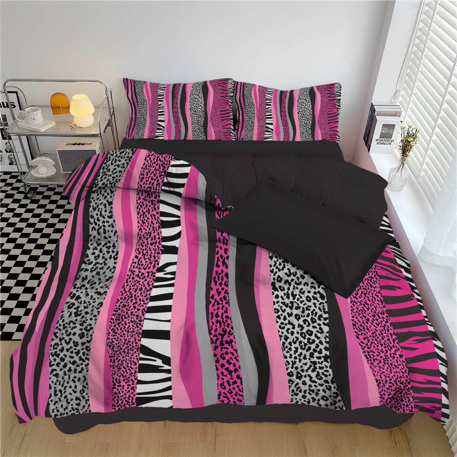 Housse de couette zèbre rose 240x260 cm imprimé animalier à fermeture éclair solide