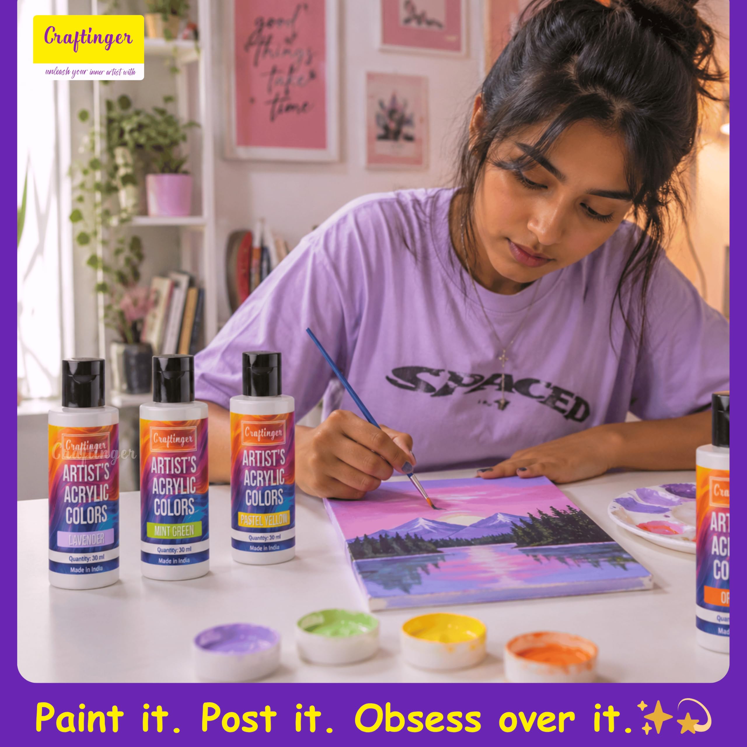 Craftinger 12-Sets Acrylic Colours with 30ml Varnish | Each 30ml Pastel & Essential Colors | Multi-Surface color for Canvas, Wood, Glass, Metal, Plastic & More | Set for Adults for Artists, students, Children & Hobbyists