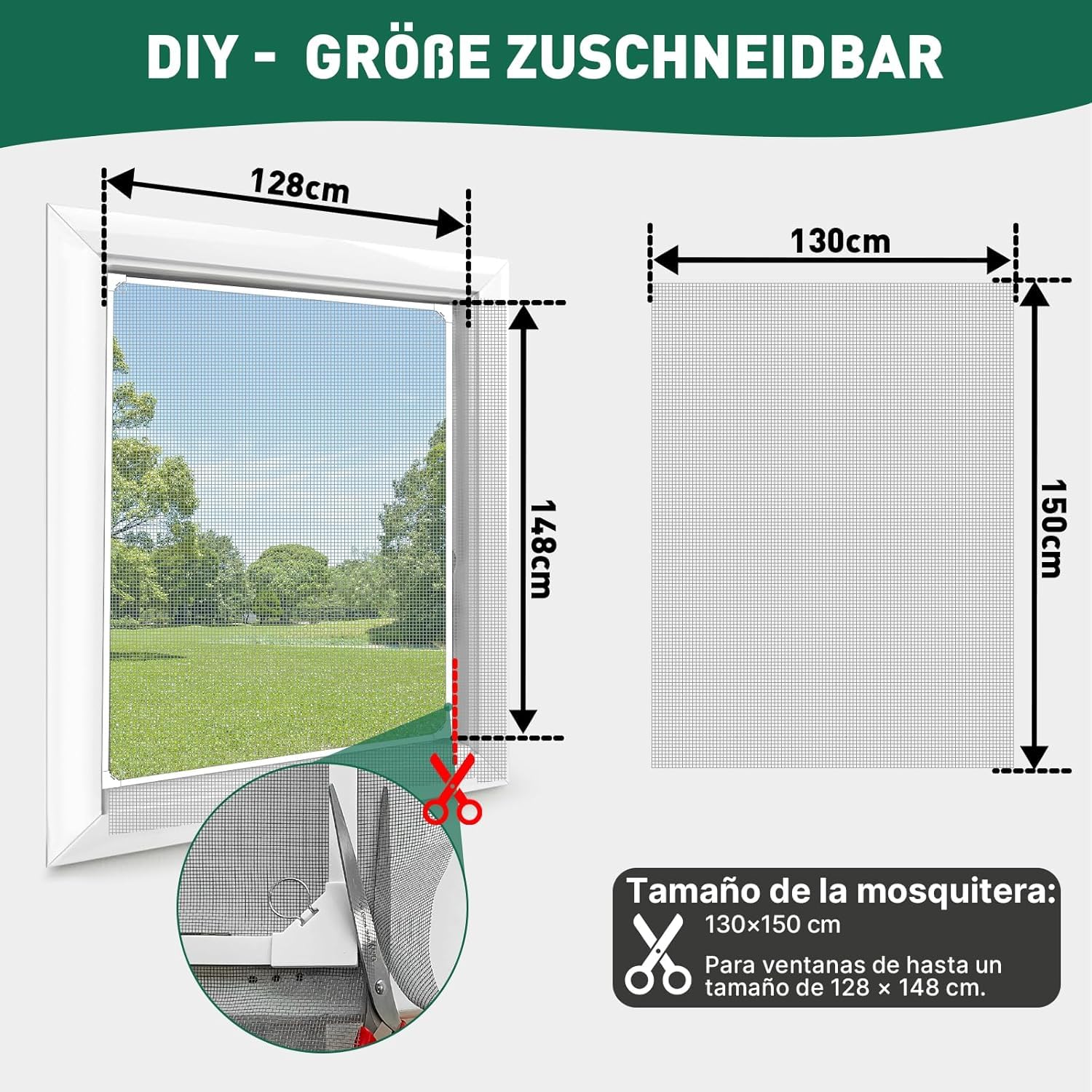 Mosquitera Magnética para Ventana, Tamaño Máximo 130 x 150 cm, Red de Fibra de Vidrio, Fácil Instalación, Recortable y Sin Taladrar