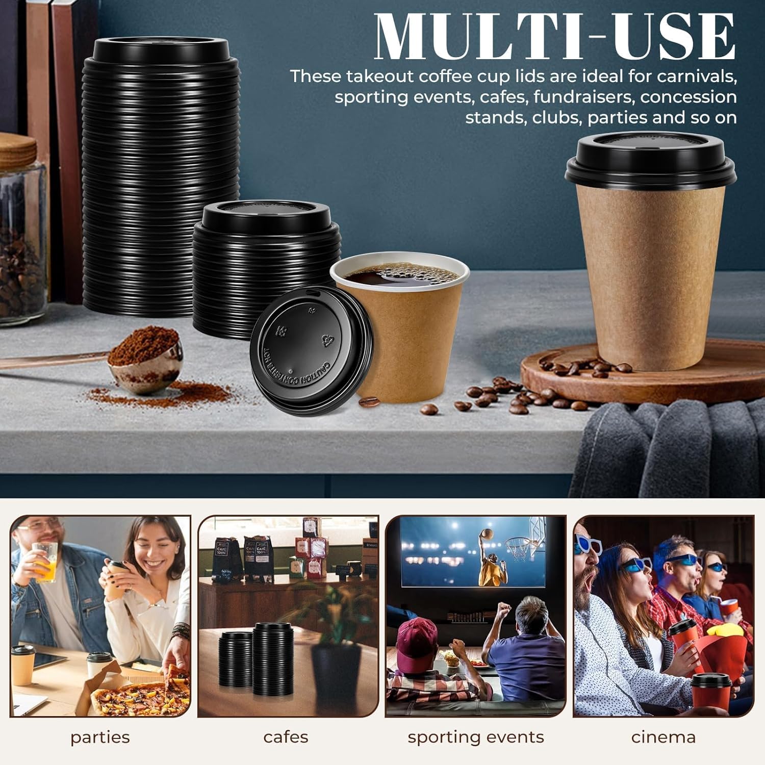 100 Pack Coffee Cup Lids, 90mm Disposable Plastic Dome Lids for 10, 12, 16, 20, 22 oz Paper Hot Cups, Anti-Spill Replacement Lids for Coffee, Tea and Cold Beverages - Black - Image 6