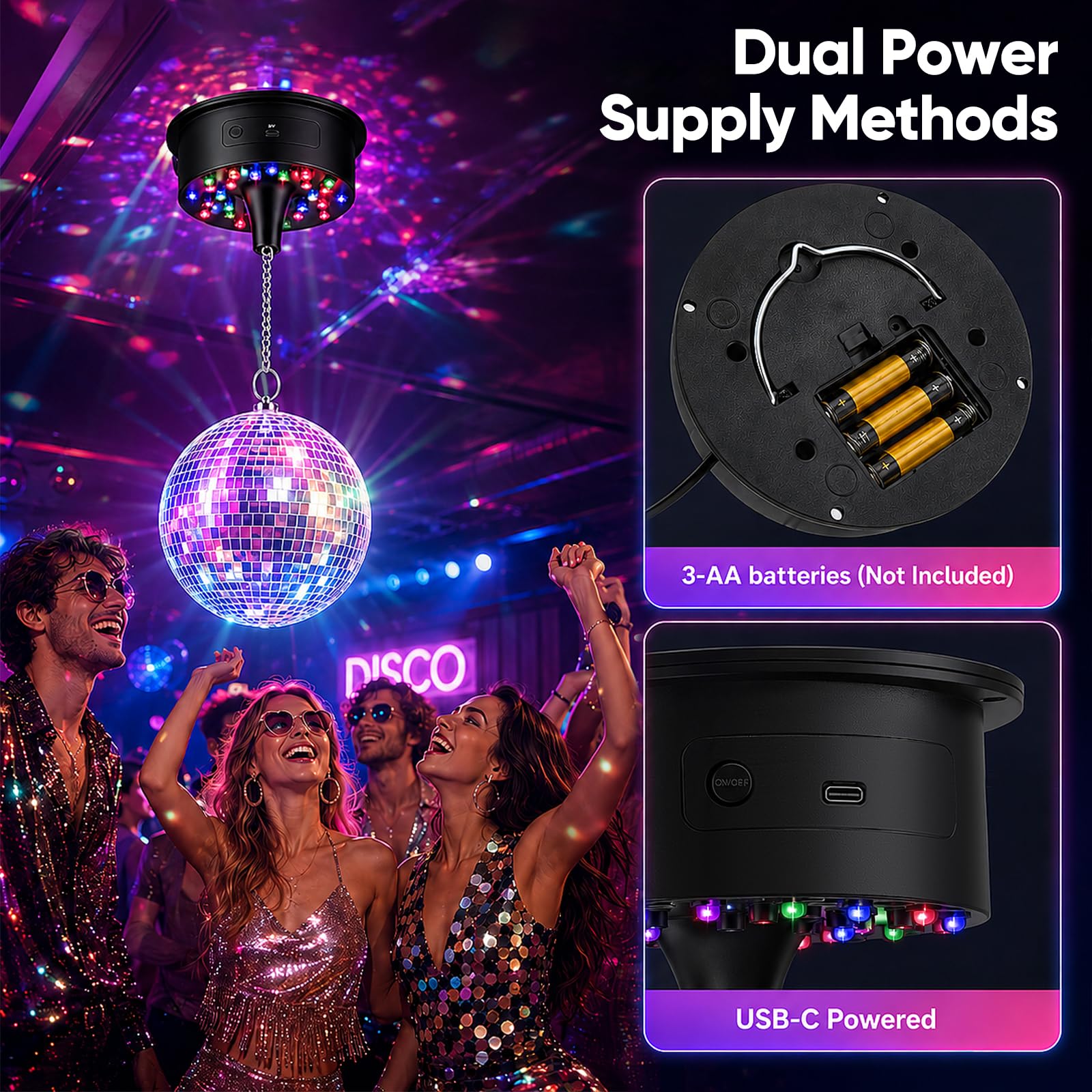 20CM Boule à Facettes avec 30 LED, Boule Disco Lumineuse Rotative, 6 tr/min, Alimentation par Piles ou Cordon d'Alimentation, Suspendre, Idéale pour Fête, Soirée Disco, Décoration de Maison, Bar