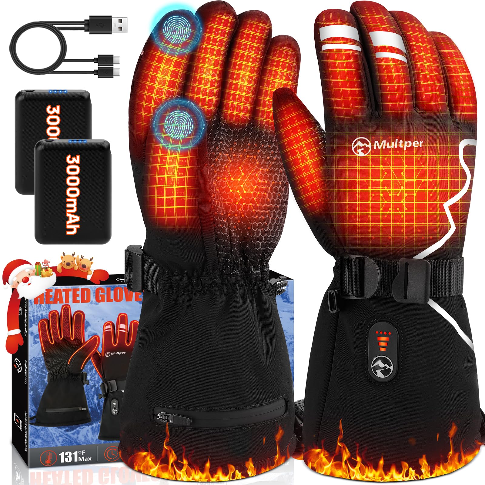 Beheizbare Handschuhe für Herren Damen,Multper Elektrische Beheizte Handschuhe Wärmefunktion mit USB Aufladbare Akku 3000mAhx2,3-Stufigem,wasserdichte Touchscreen für Wandern,Radfahren,Skifahren - L