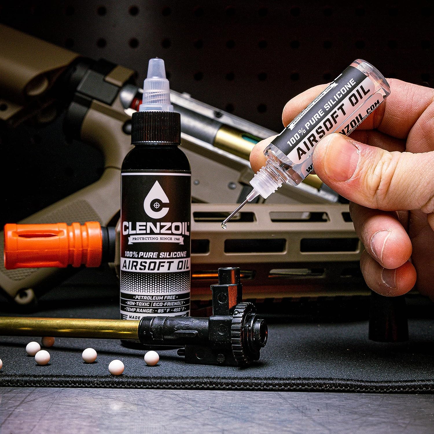 Clenzoil Airsoft & Air Gun Oil - 2 oz Combo Airsoft Oil - for Air Rifles & Airsoft Pistols - Pure Silicone Oil for Gun Lubrication - Made in The USA - 2 oz Bottle & 0.5 oz Needle Oiler Combo Pack